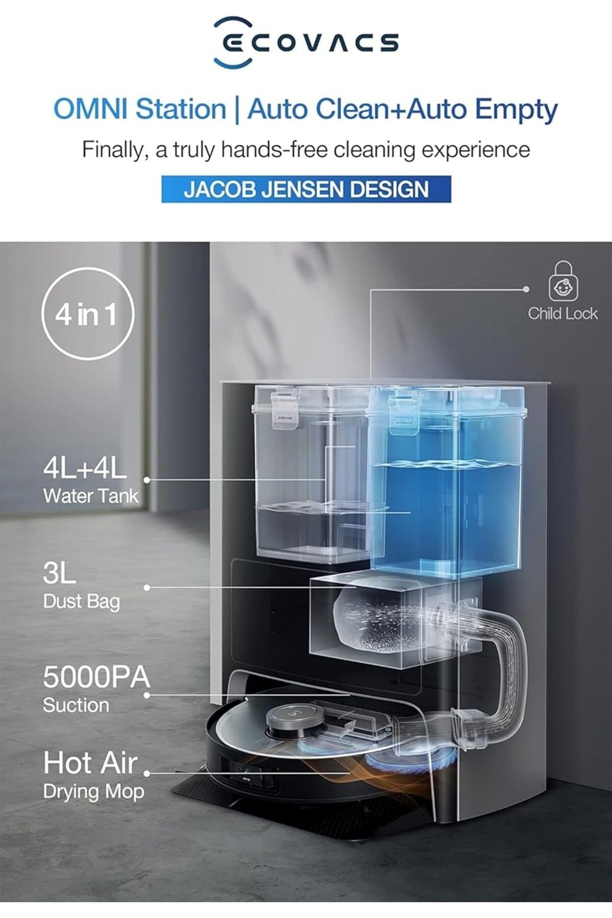 Ecovacs DeebotOmni Siyah Robot Süpürge Ve Paspas 5000Pa Emiş Gücü