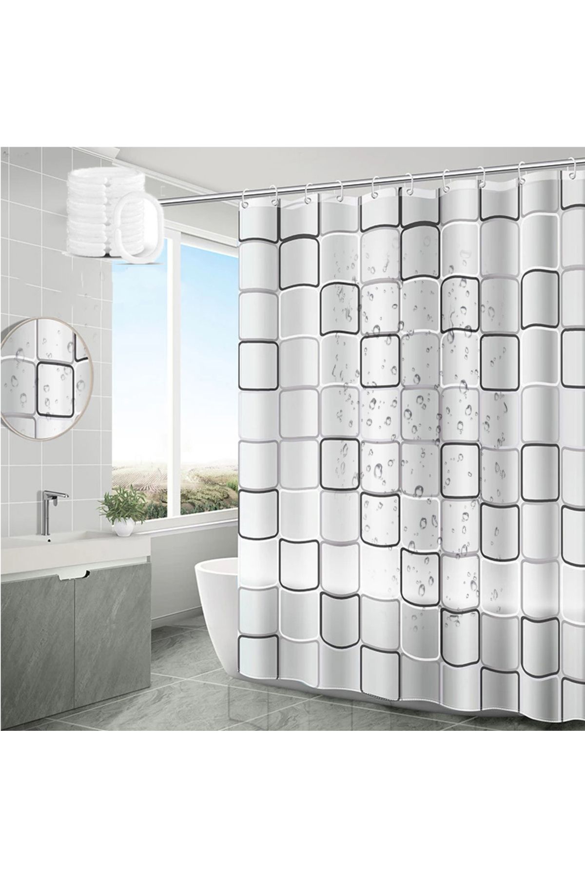 Choice-W150xH180cm Waterproof Shower Curtain Mildew Proof Durable Bathroom Screens With Hook Modern Printed 2