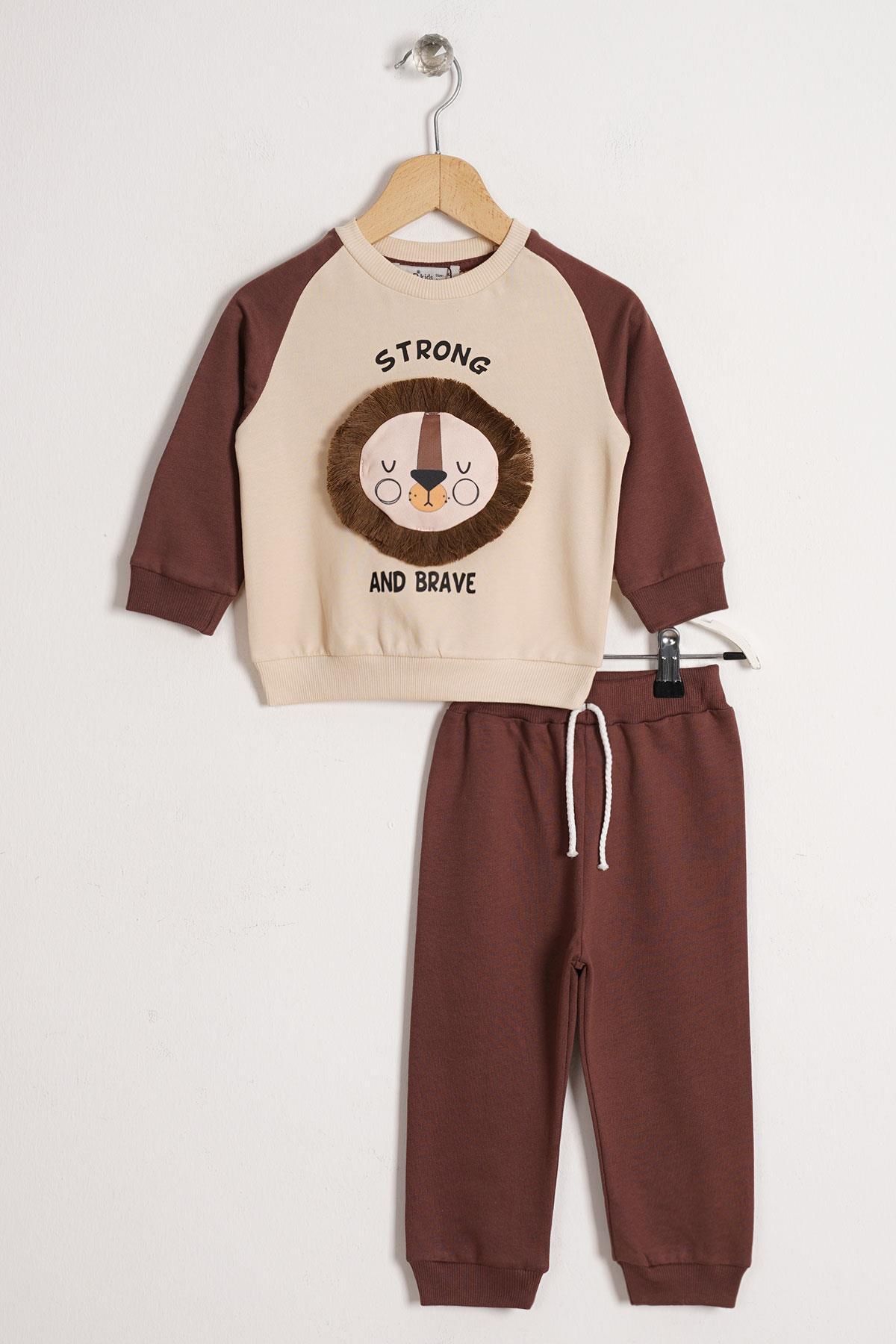 zepkids-Brown Color Boy's Double Suit with Lion Figure and Text Printed 1