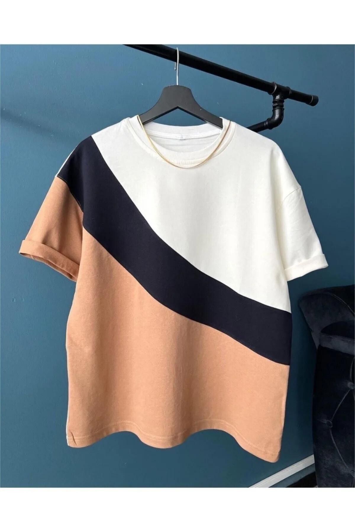 Charme Elegant Büyük Beden Bej Bisiklet Yaka Oversize T-shirt