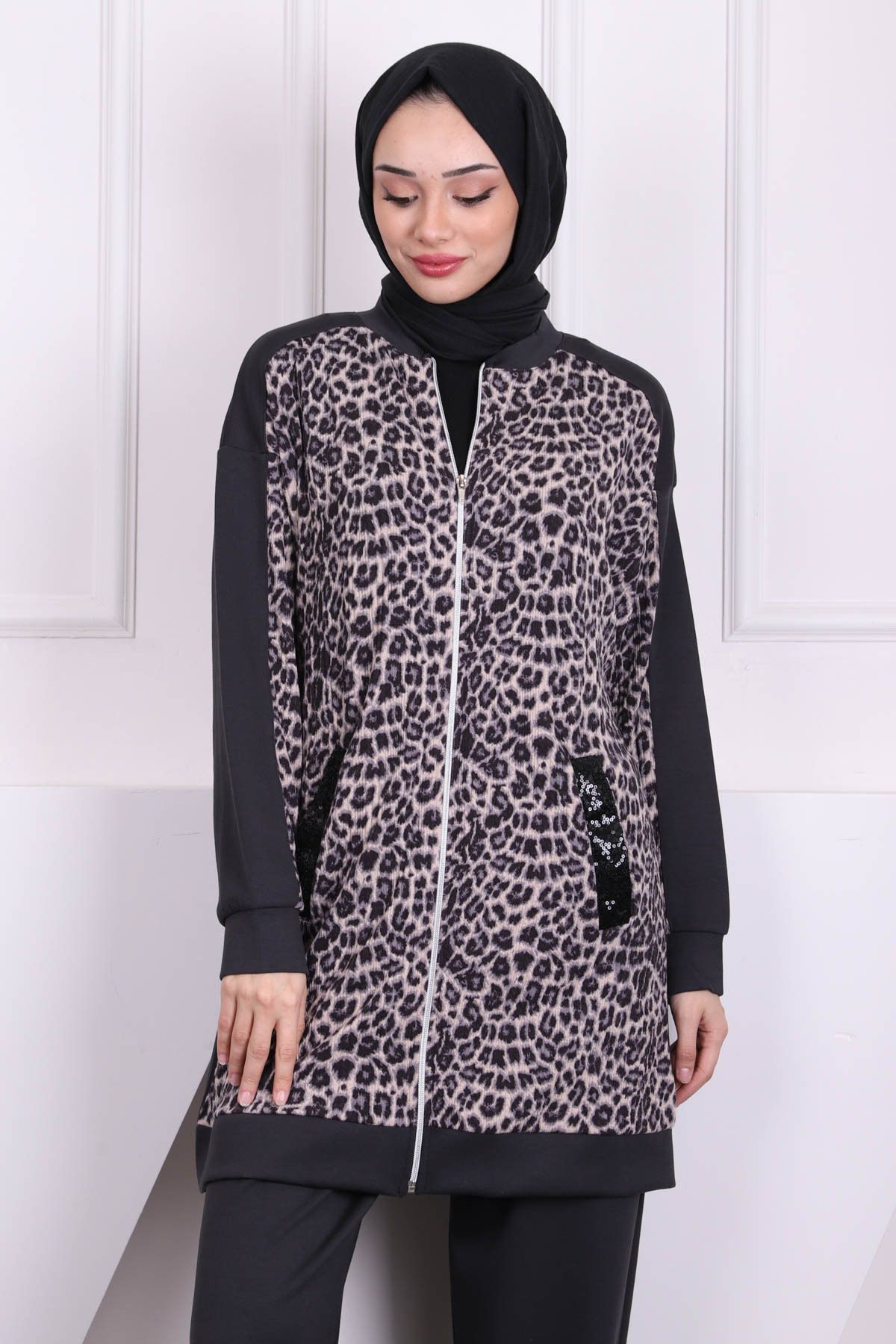 İmajButik-Leopard Print Smoked Gray Sequined Tunic - Pants 2