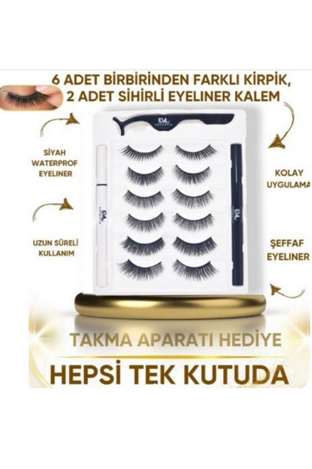 gaman 12 ADET Takma kirpik seti 6 farklı Çift - 2 Adet Mıknatıslı Likit Eyeliner Yapıştırıcı