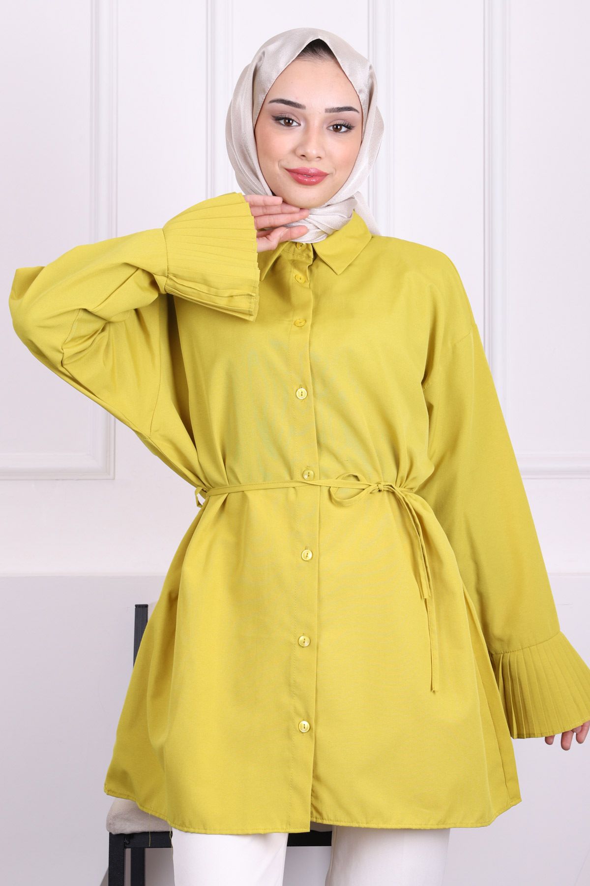 İmajButik-Oil Green Sleeve Pleated Tericotton Tunic 3