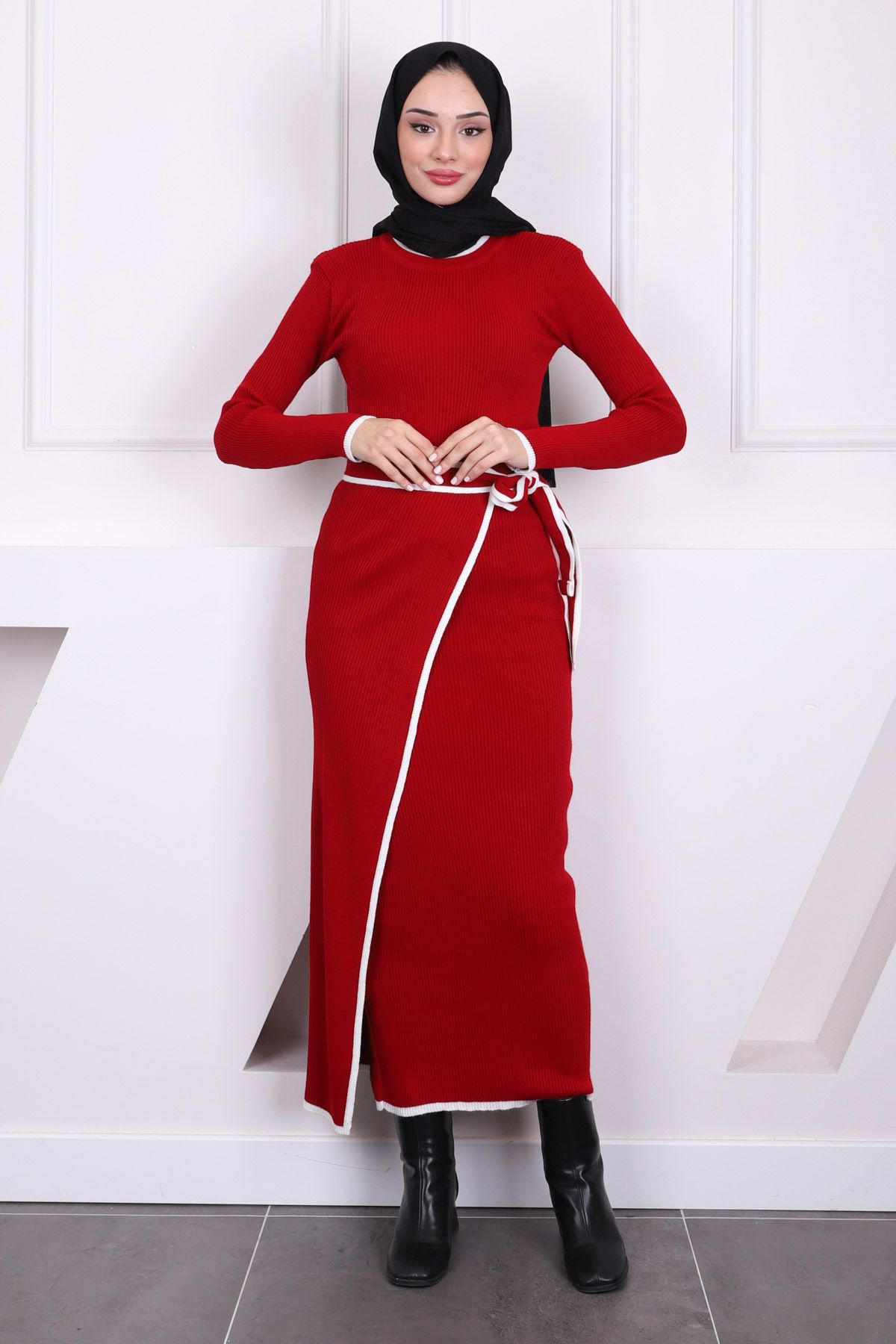 İmajButik-Red Side Tie Detailed Ribbed Double Knitwear Dress 3
