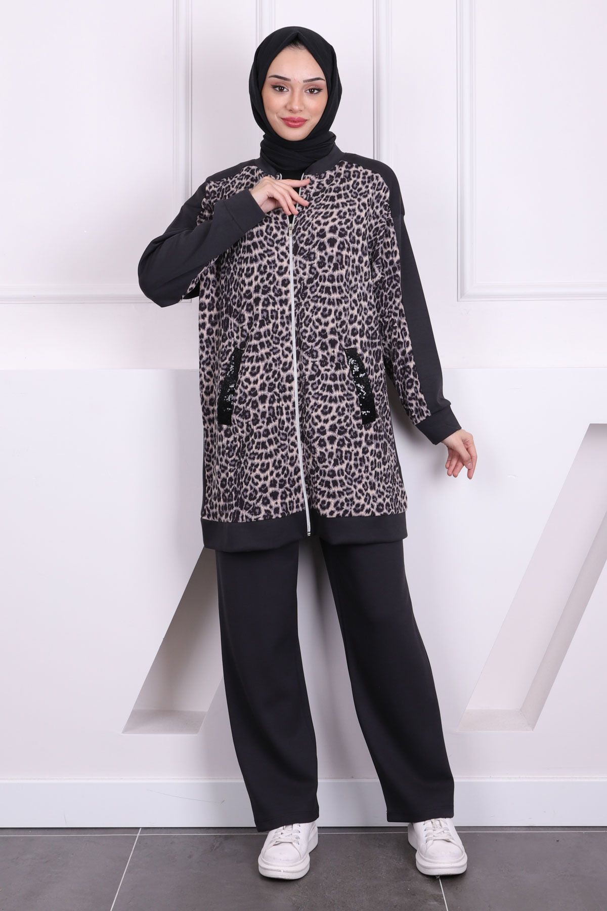 İmajButik-Leopard Print Smoked Gray Sequined Tunic - Pants 3