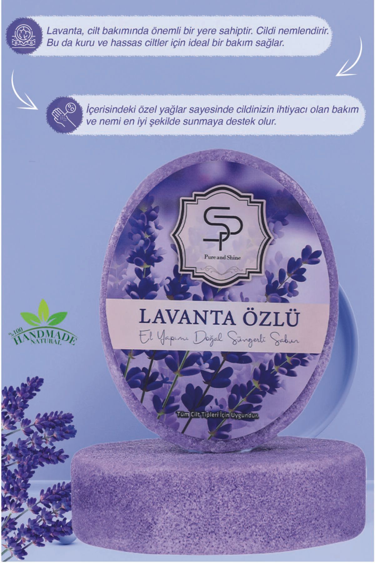 Pureandshine LAVANTA ÖZLÜ EL YAPIMI DOĞAL SÜNGERLİ SABUN