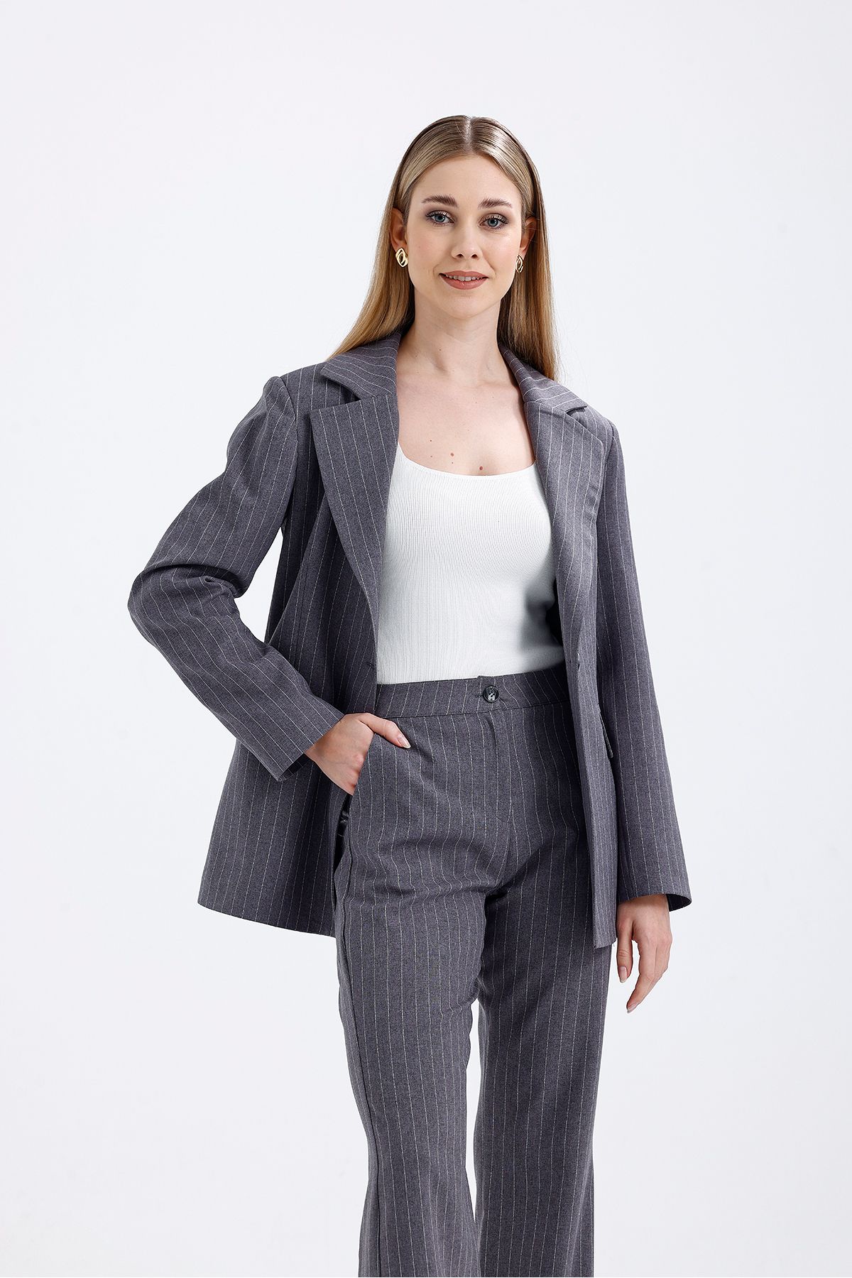 Abay-Women's Striped Lined Blazer Jacket Pants Set 7