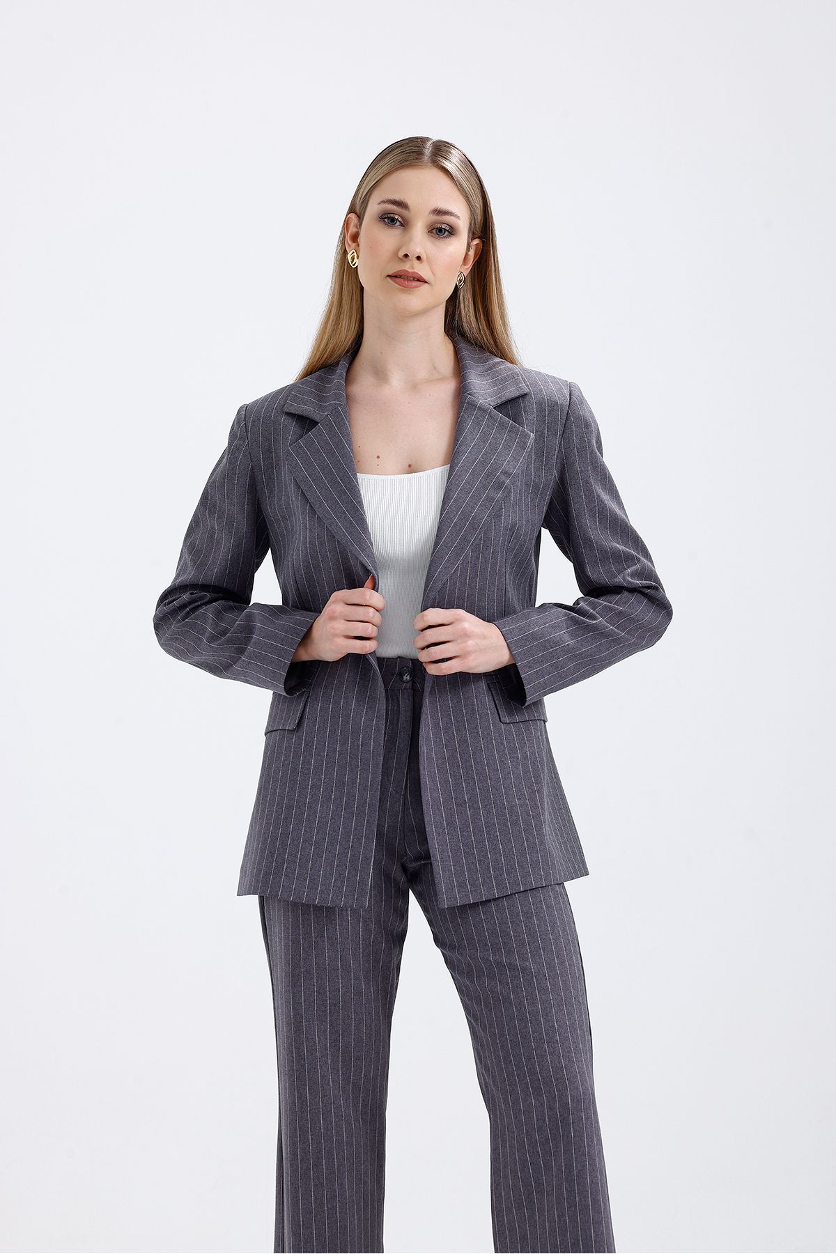 Abay-Women's Striped Lined Blazer Jacket Pants Set 6