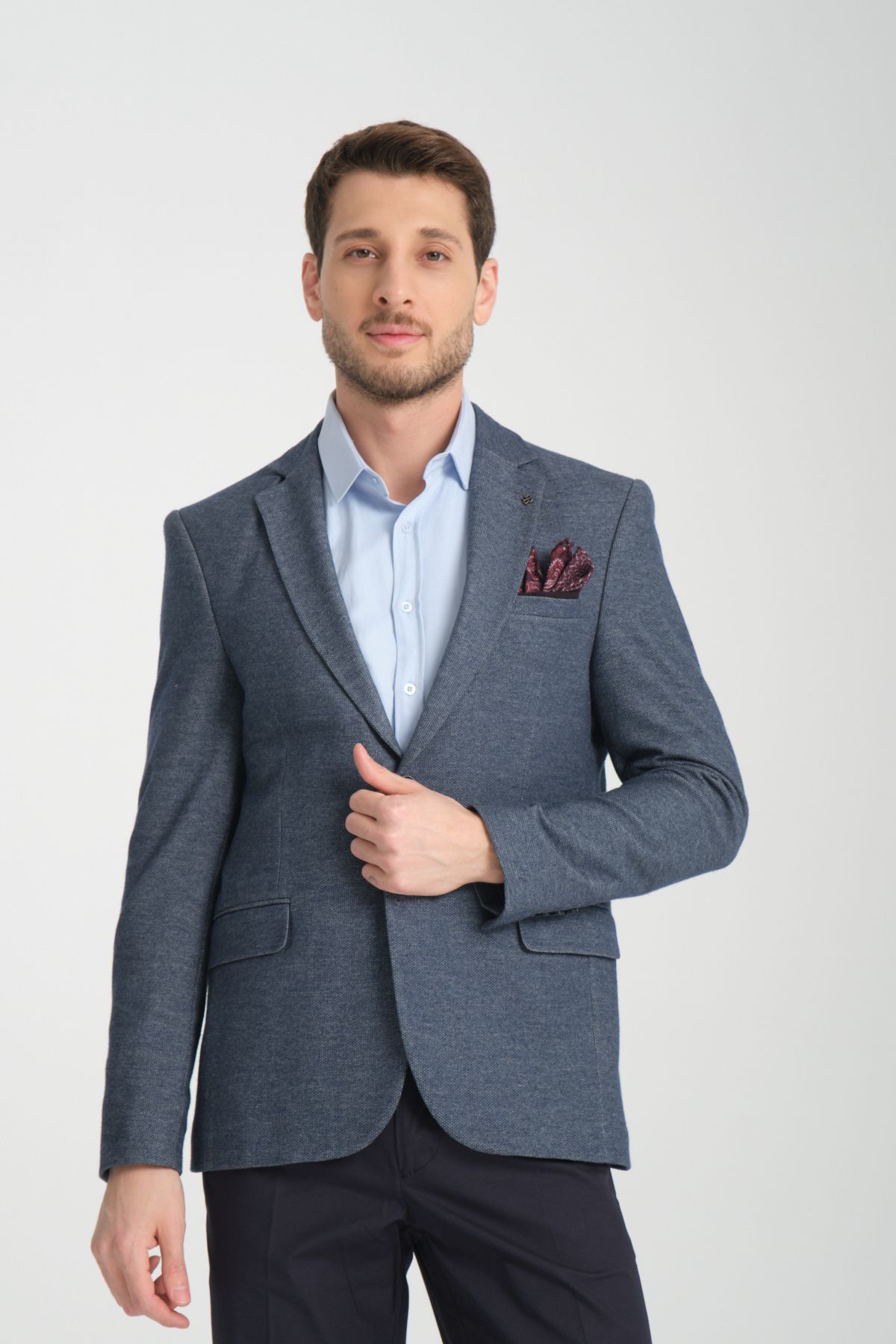 Frappoli Valufe Erkek Lacivert Likralı Esnek Kumaş Slim Fit Dar Kesim Blazer Ceket