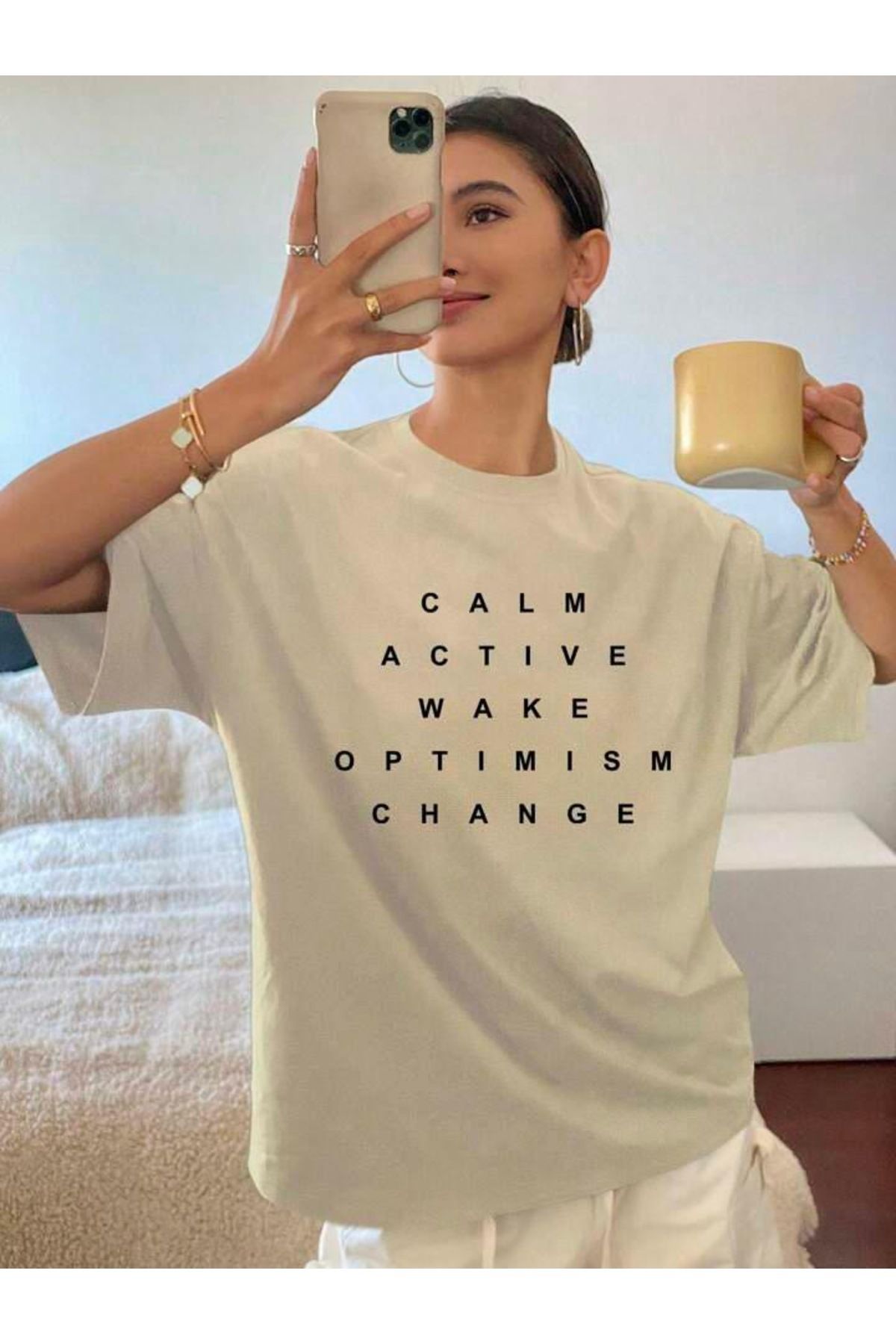 Boi Kadın Calm Active Wake Baskılı Oversize T-shirt-Kısa kol Yazlık Pamuklu Tişört