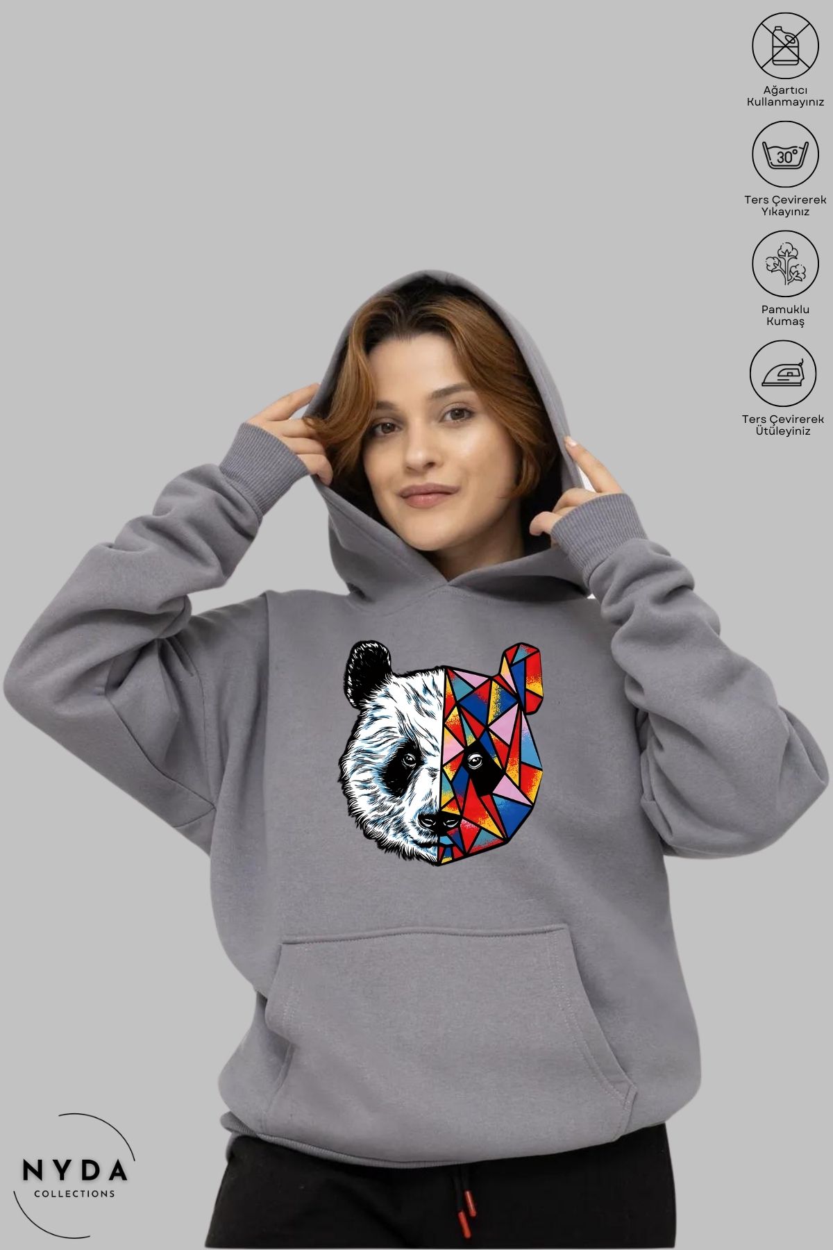 Nyda Collections Unisex Hoodie Uzun Kollu Renkli Panda Baskılı Kapüşonlu Şardonlu Sweatshirt Oversize Pamuk