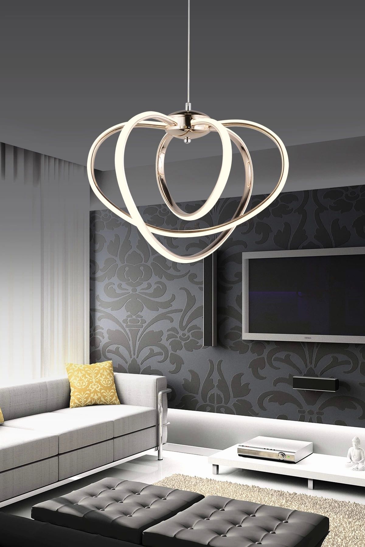 NZL Lighting Modern Üçlü Jupiter Üç Renkli Gold Sarkıt Ledli Salon Avize ve Oturma Odası Ledli Avize