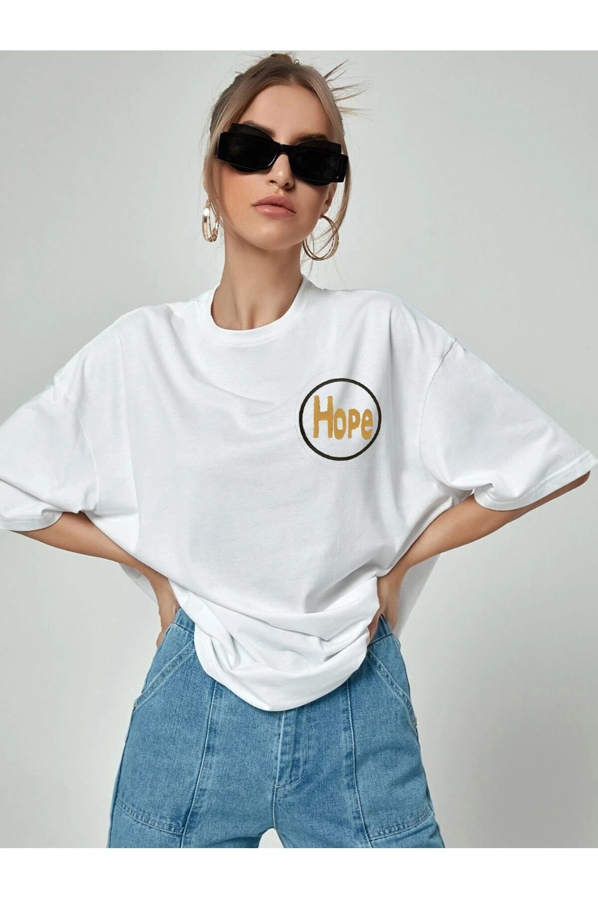 Boi Kadın Oversize Hope Baskılı Bisiklet Yaka T-shirt-Kısa kol Yazlık Pamuklu Tişört