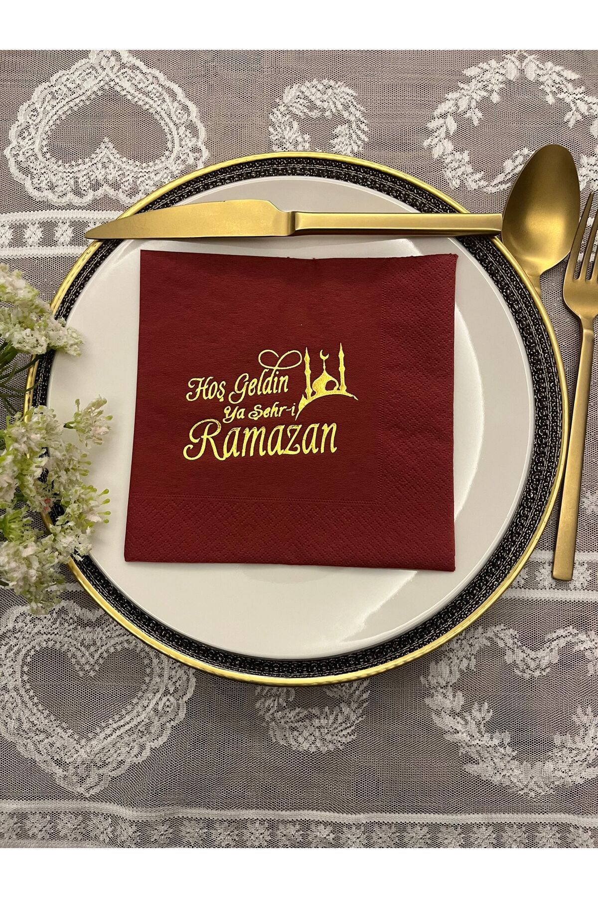 kidspartim Gold Yaldızlı Bordo Hoş Geldin Ya Şehr-i Ramazan Peçete 33x33