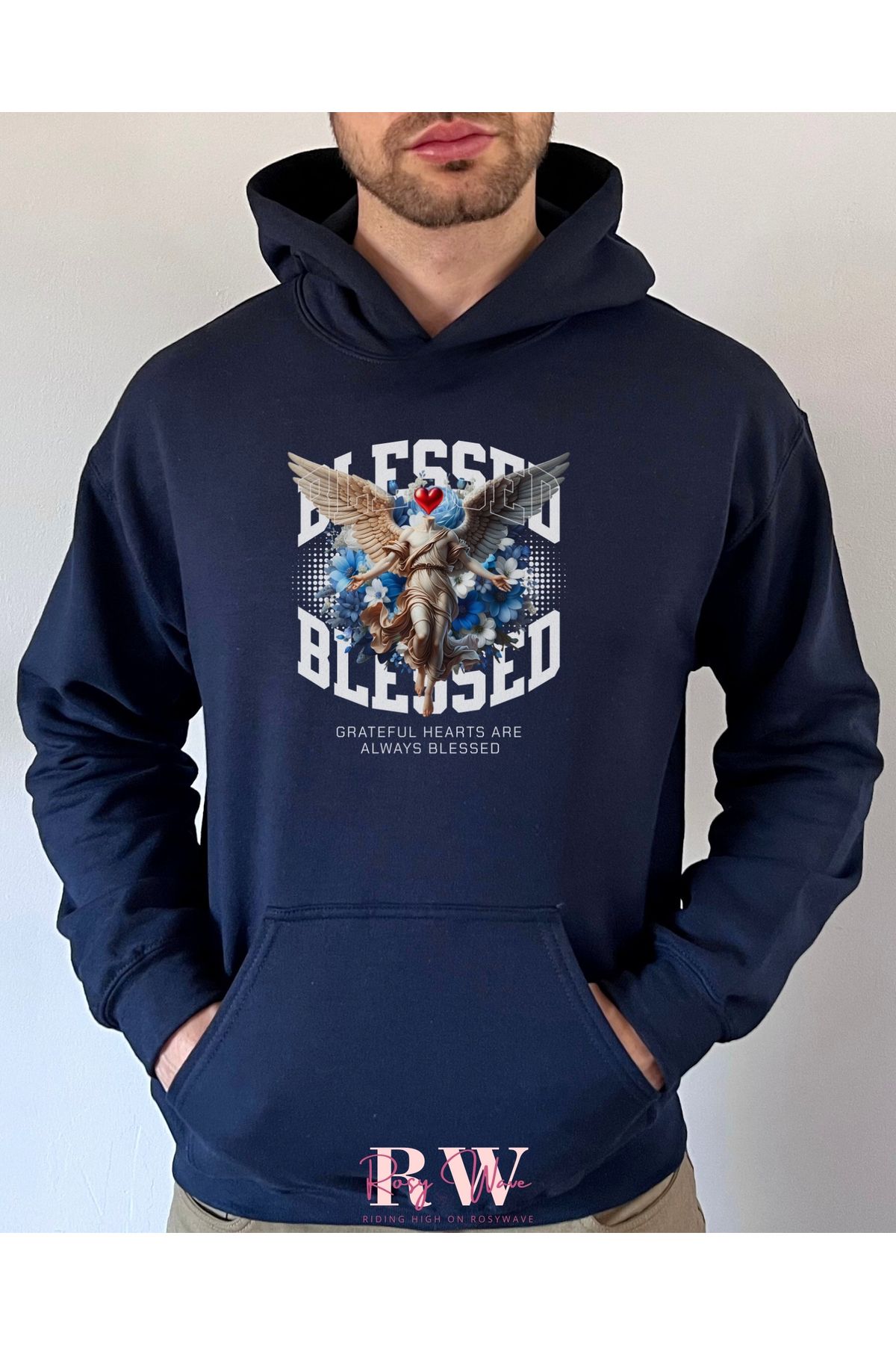 Rosy Wave Lacivert 3 İplik Blessed Angel %100 Pamuk Kapüşonlu Sweatshirt