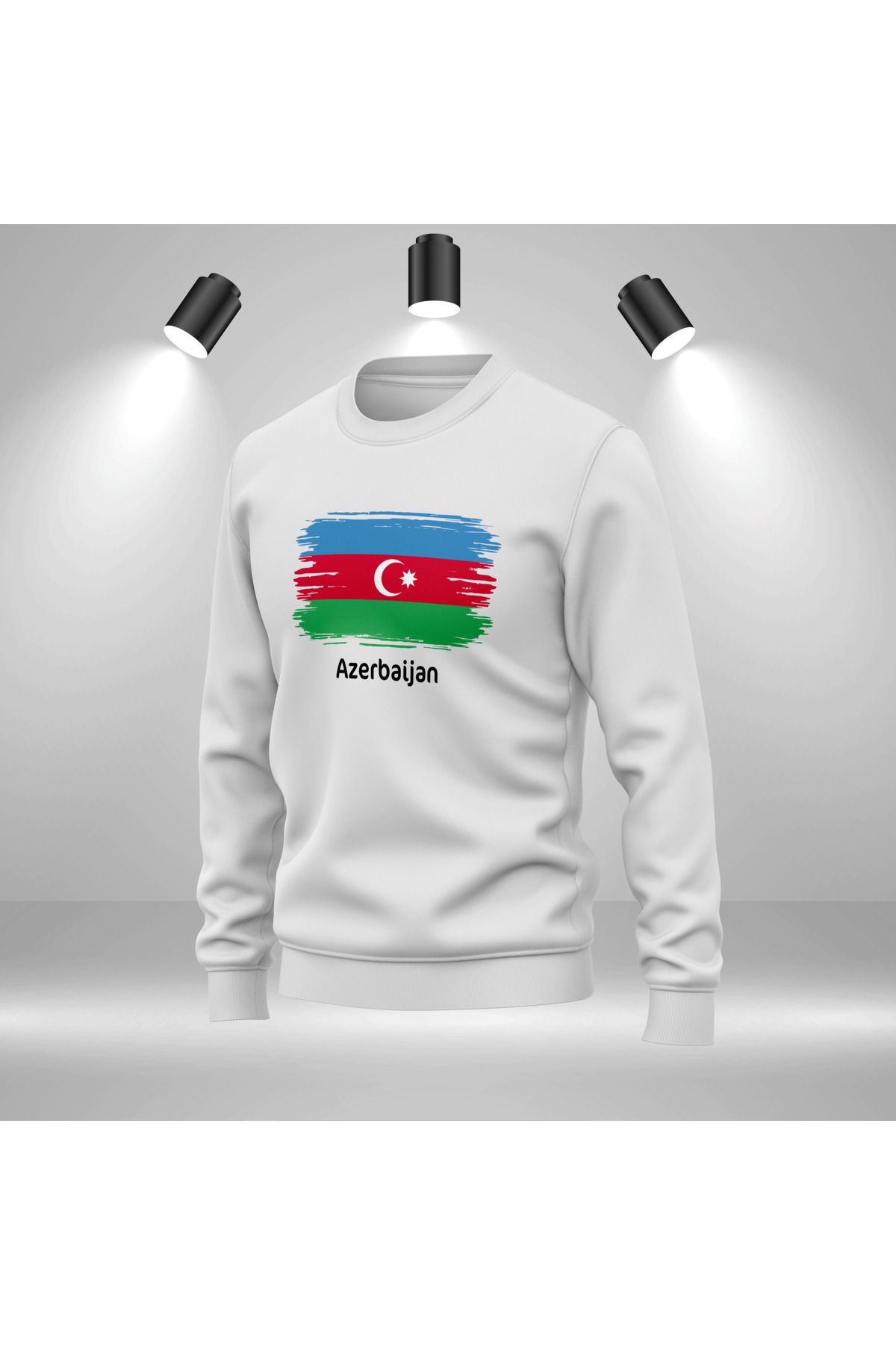 Bulvar Lee Erkek Sıfır Yaka Günlük %95 Pamuk %5 Likra Azerbaycan Bayrak Baskılı Sweatshirt