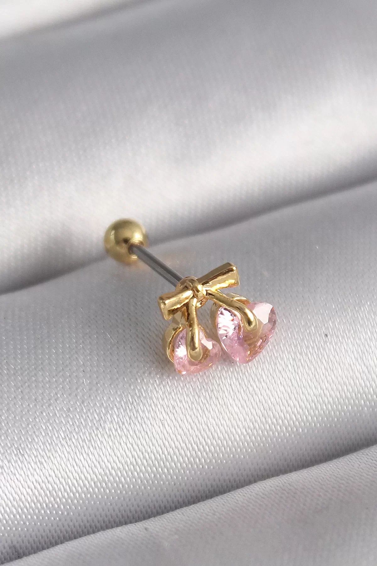 ShopZum 316L Çelik Renk Pembe Zirkon Taşlı Kalp Tragus Piercing