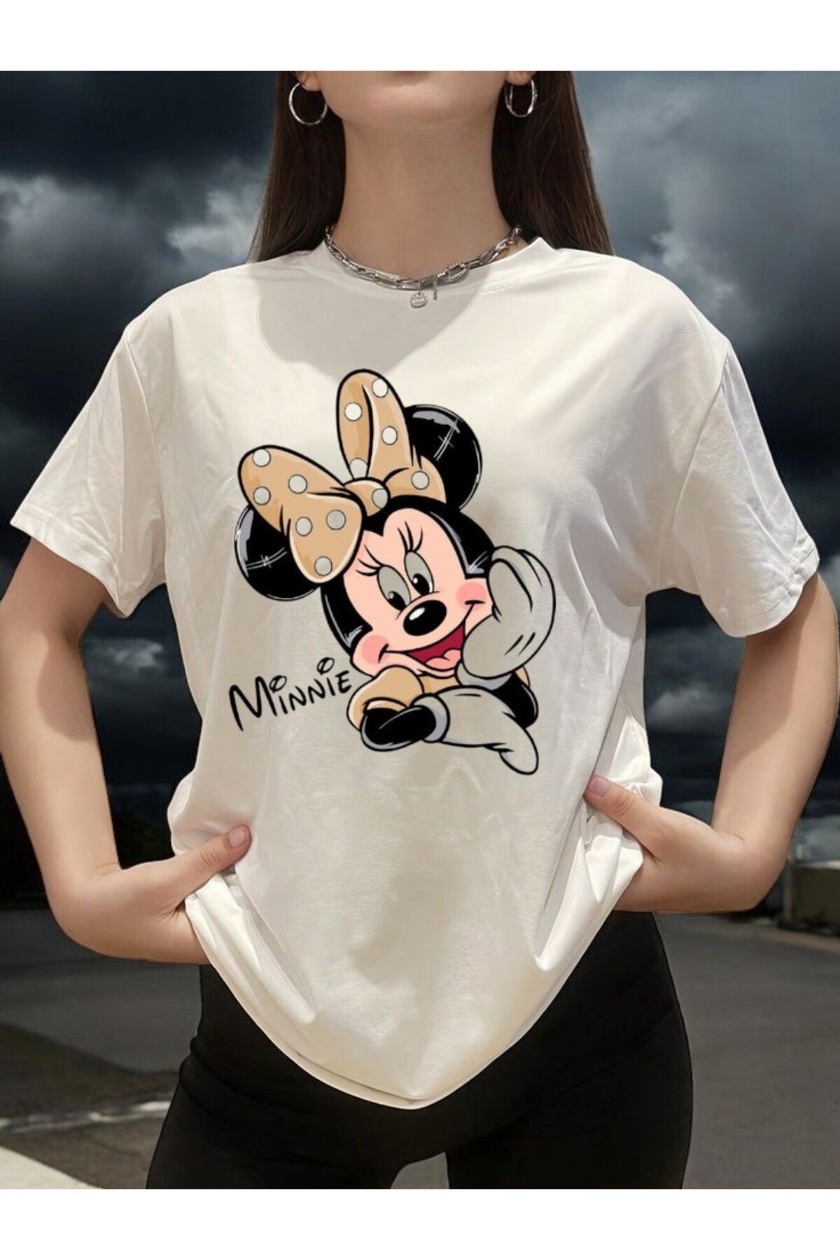 BLACKUMAY Minnie Beyaz Bisiklet Yaka oversize T-shirt