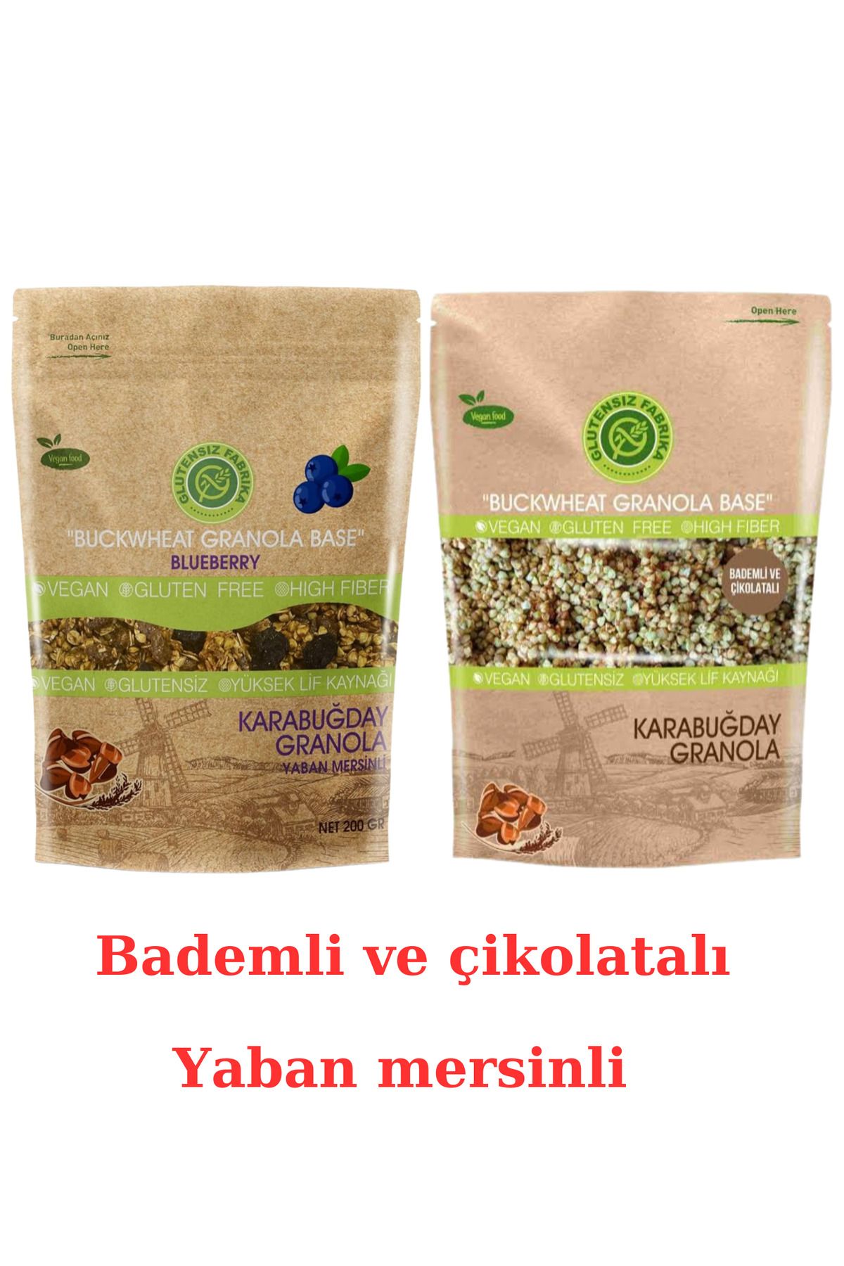 GLUTENSİZ FABRİKA Karabuğday Granola yaban mersinli 200 gr Bademli ve çikolatalı 200 gr