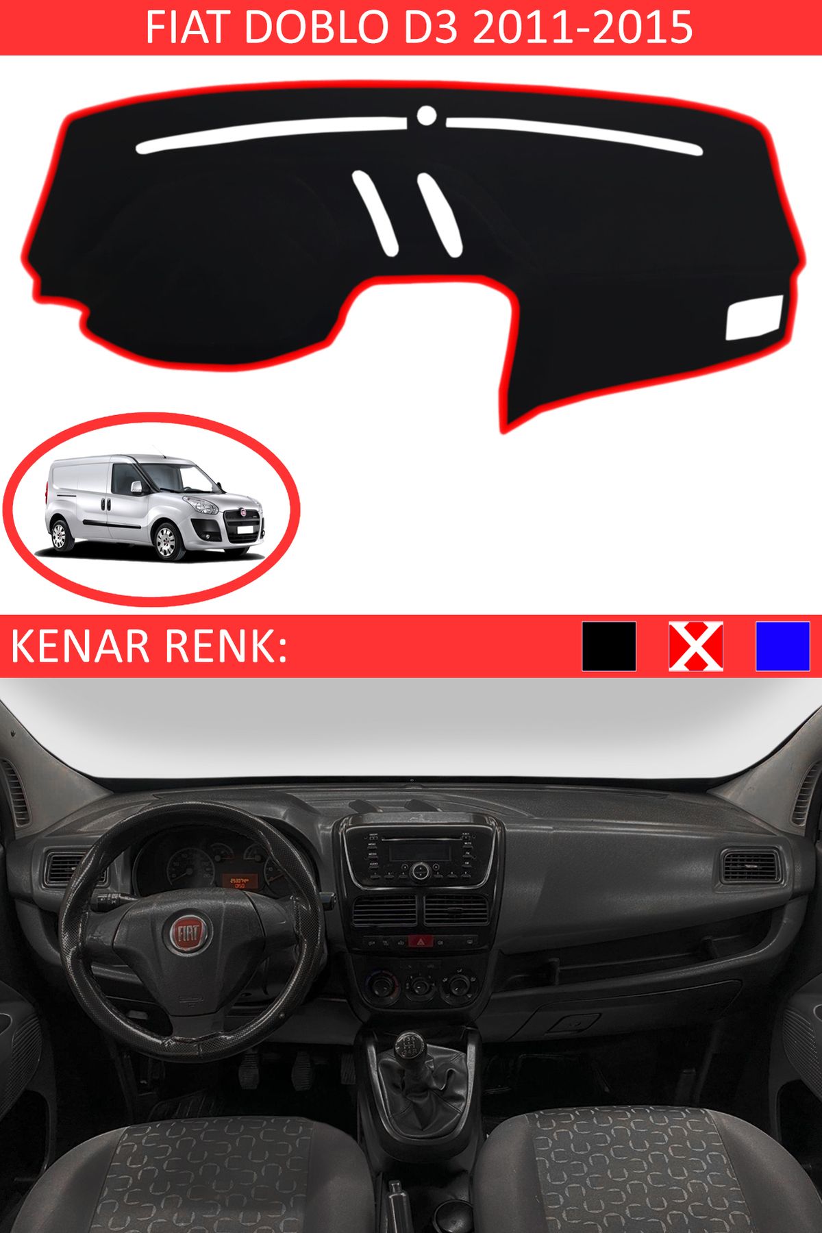 Auralight Fiat Doblo D3 2011-2015 İçin Uygun Torpido Koruma Halısı Siyah Kenar Renk Kırmızı