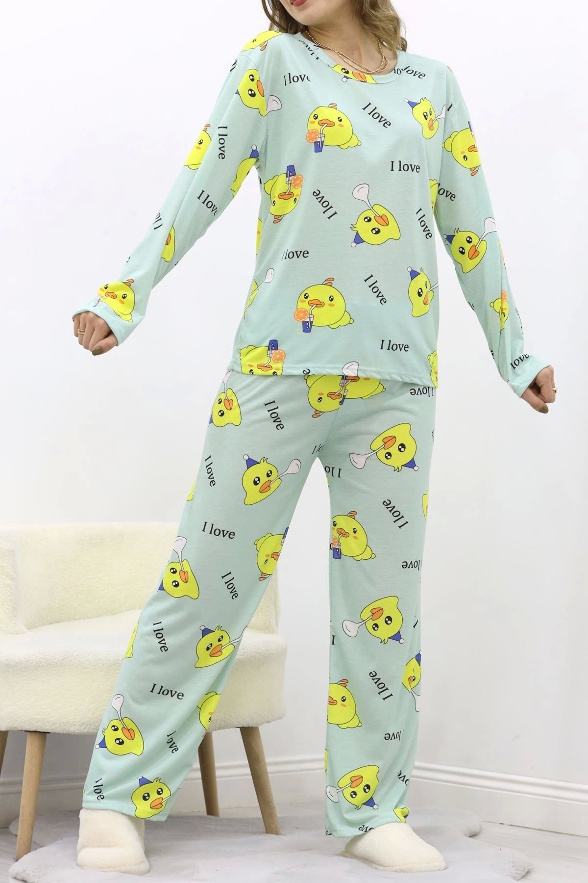 Butik Desenli Poliviskon Pijama Takımı Mintyeşili - 818.1287.