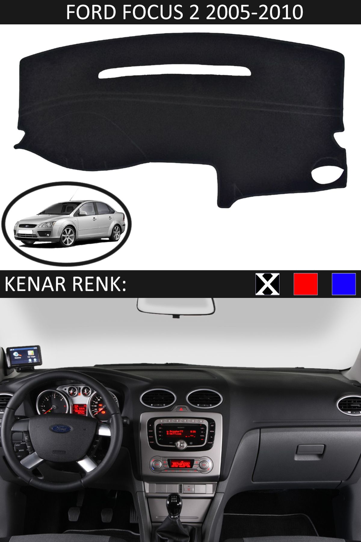 Auralight Ford Focus 2 2005-2010 İçin Uygun Torpido Koruma Halısı Siyah Kenar Renk Siyah