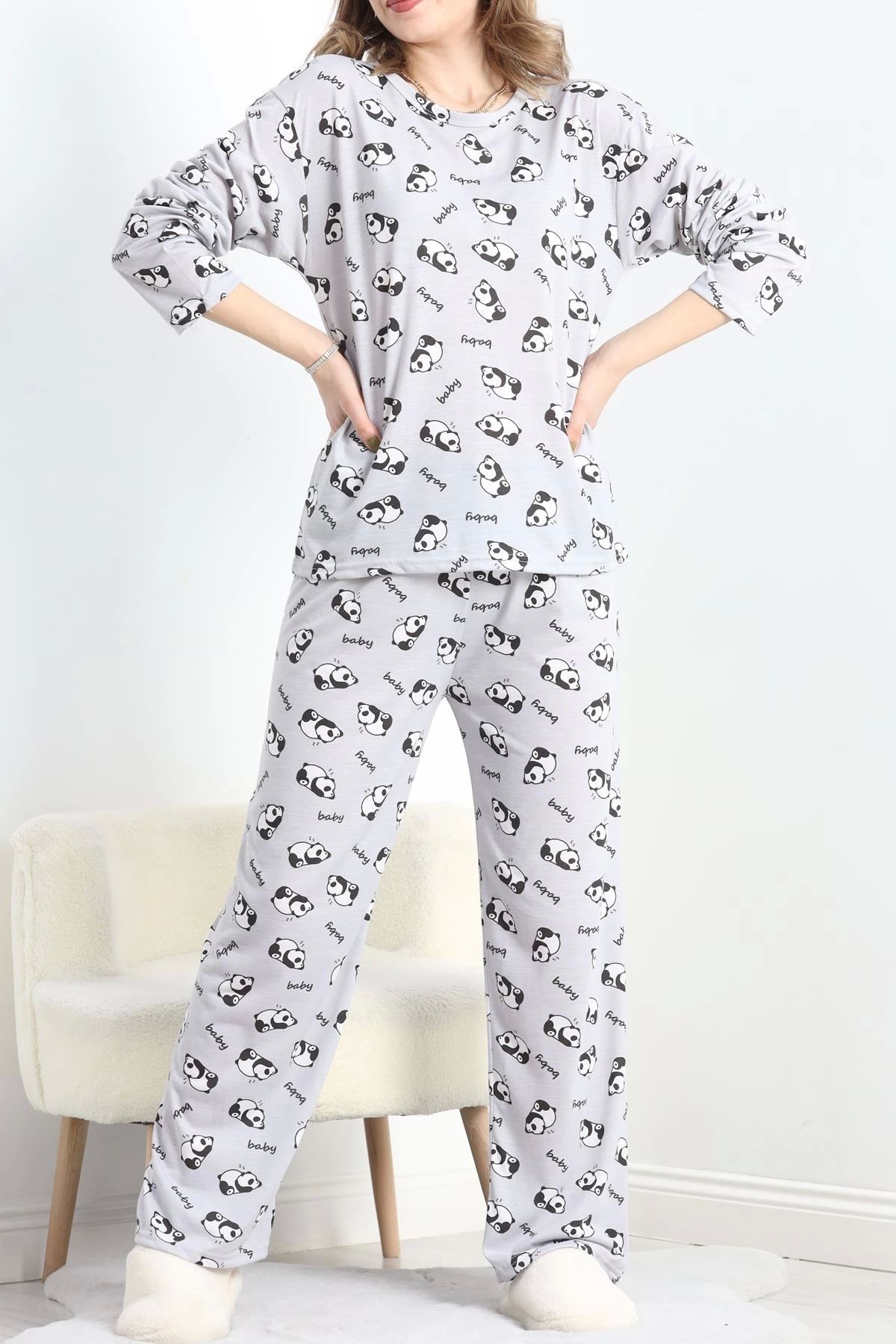 Butik Desenli Poliviskon Pijama Takımı Gri - 818.1287.