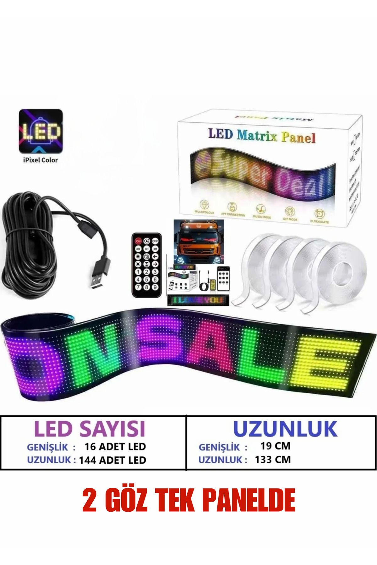 teknotrust 133 Cm Matrx Led Panel Cama Yapışan Yazı Yazan Telefon Kontrollü Led Ekran (16*144)TIR-KAMYON-TABELA