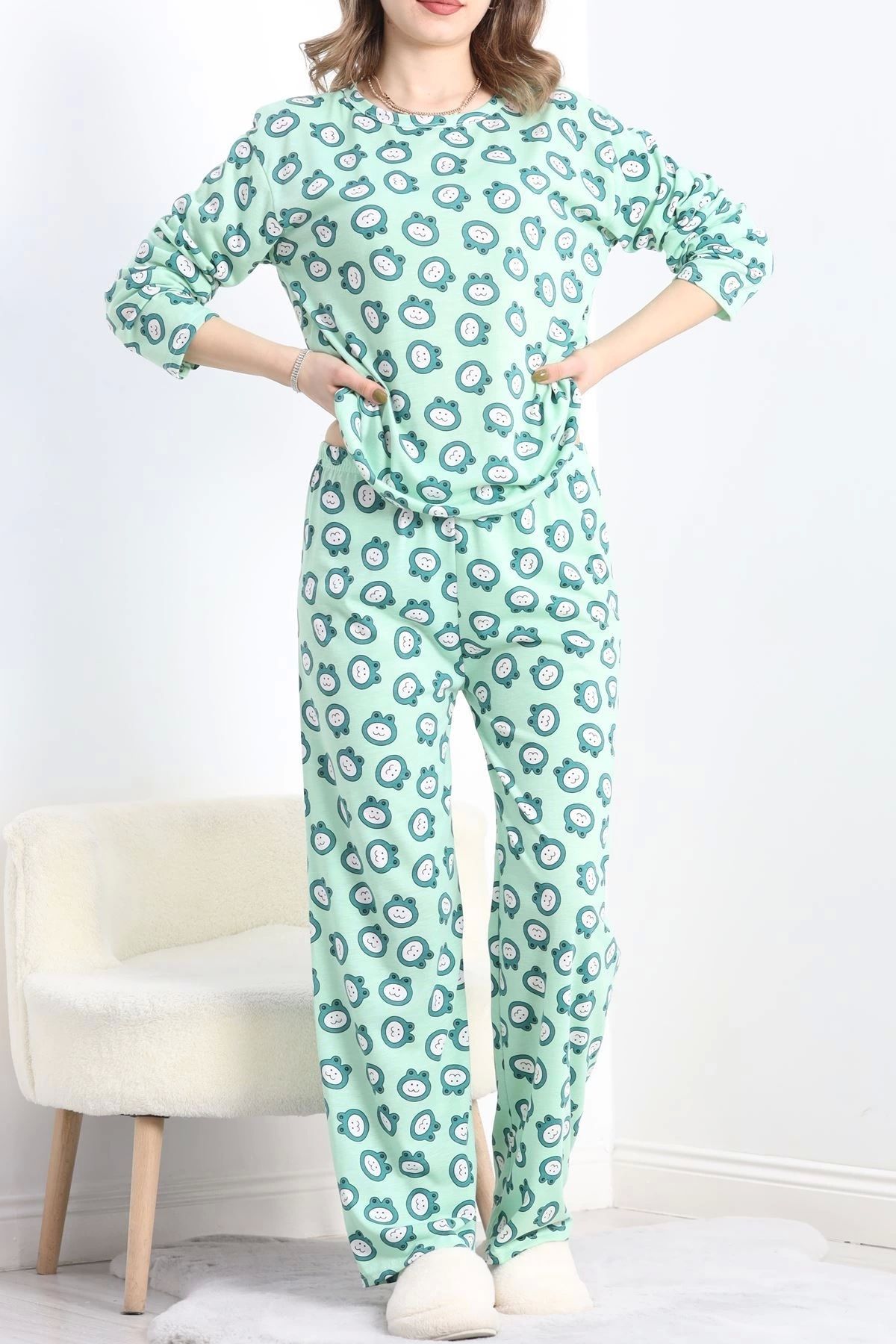 Butik Desenli Poliviskon Pijama Takımı Yeşil - 818.1287.