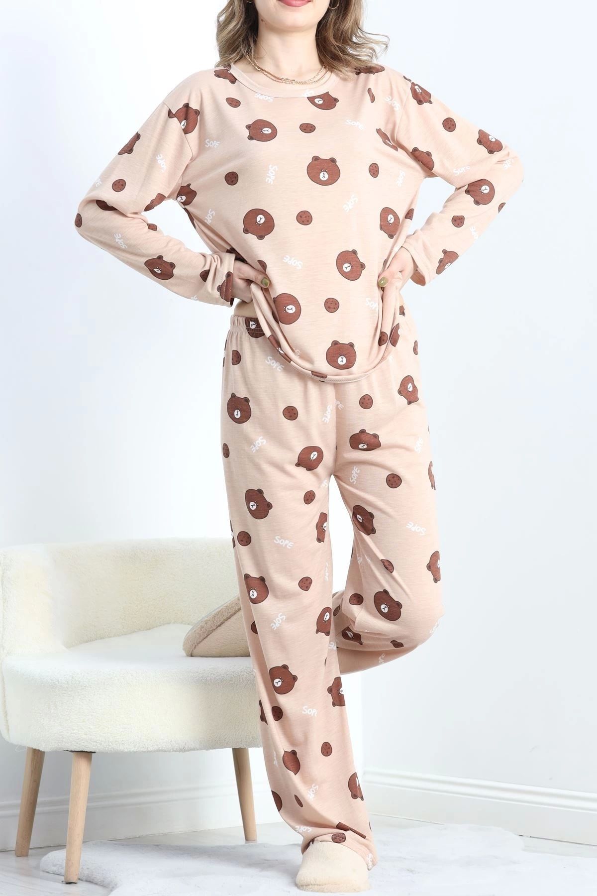 Butik Desenli Poliviskon Pijama Takımı Kahve - 818.1287.