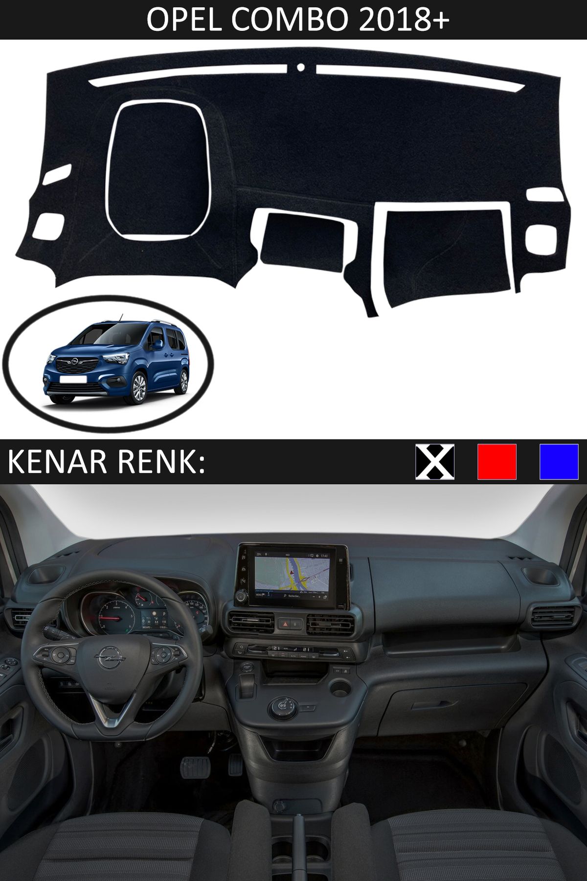 Auralight Opel Combo 2018+ İçin Uygun Torpido Koruma Halısı Siyah Kenar Renk Siyah