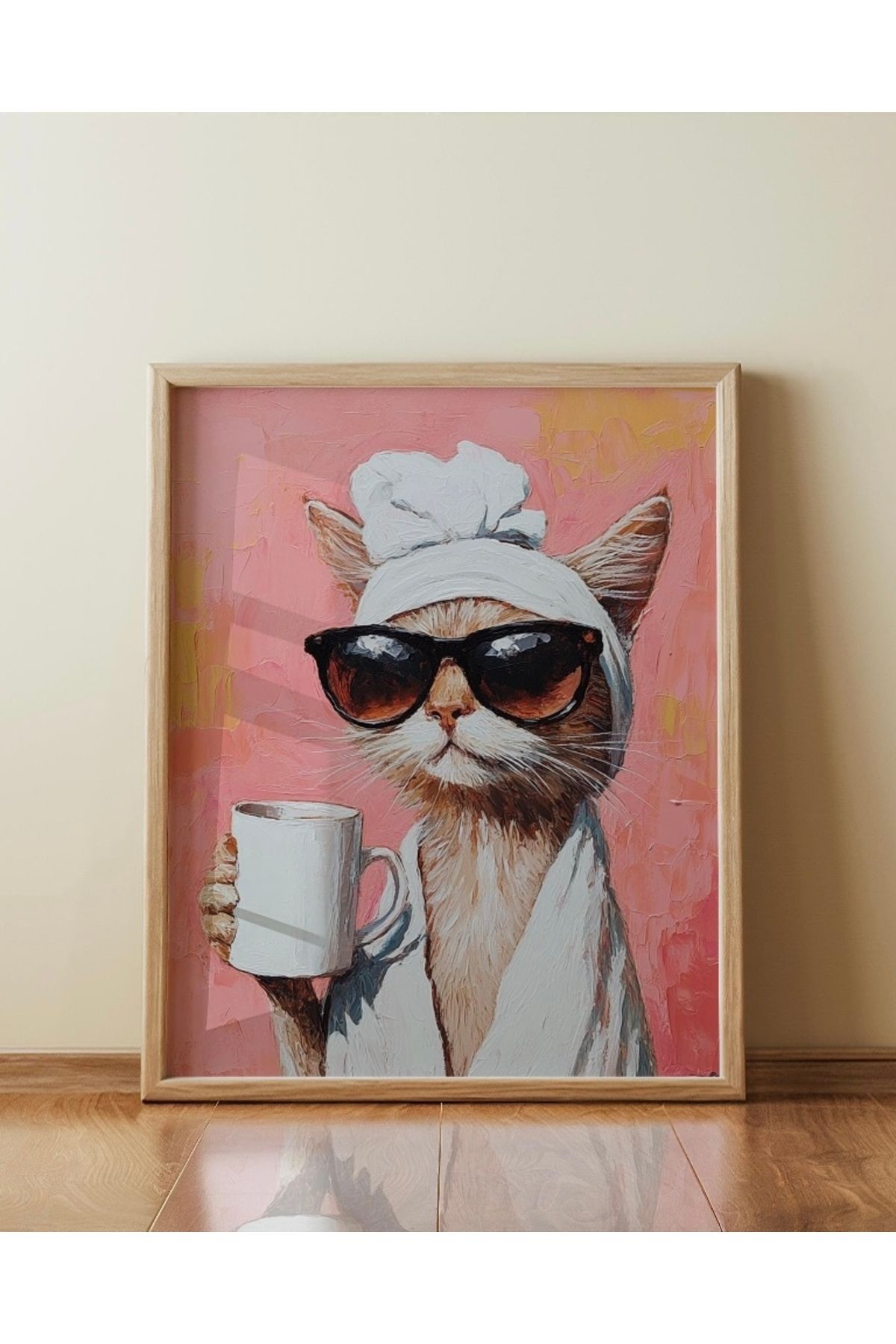 HandMadeBuy Kahve İçen Kedi Çerçevesiz Poster, Kedi Posteri, Tablo Ölçülerinde Poster