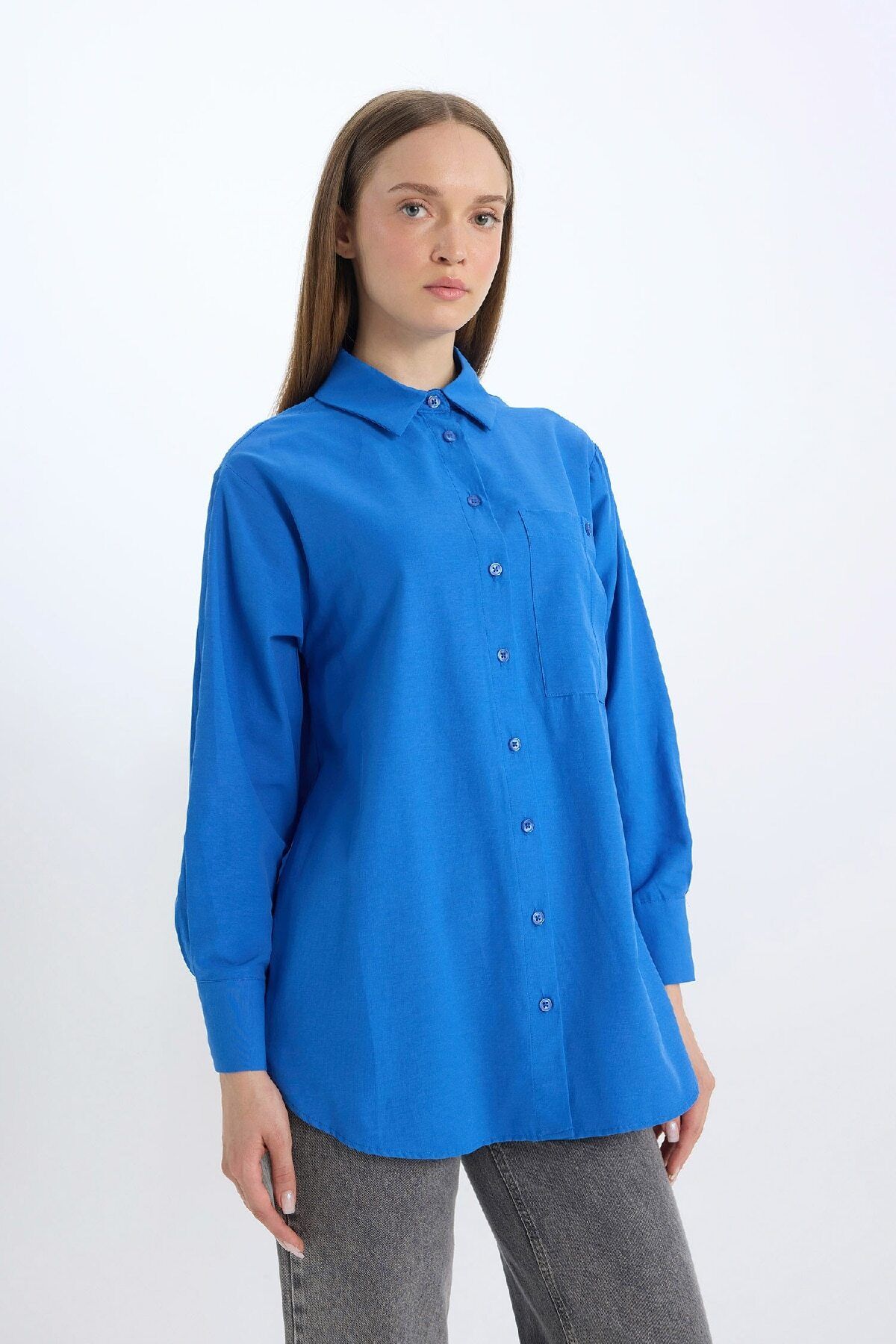 DeFacto-Relax Fit Poplin Basic Solid Long Sleeve Shirt Tunic D7342Ax25Sp 1