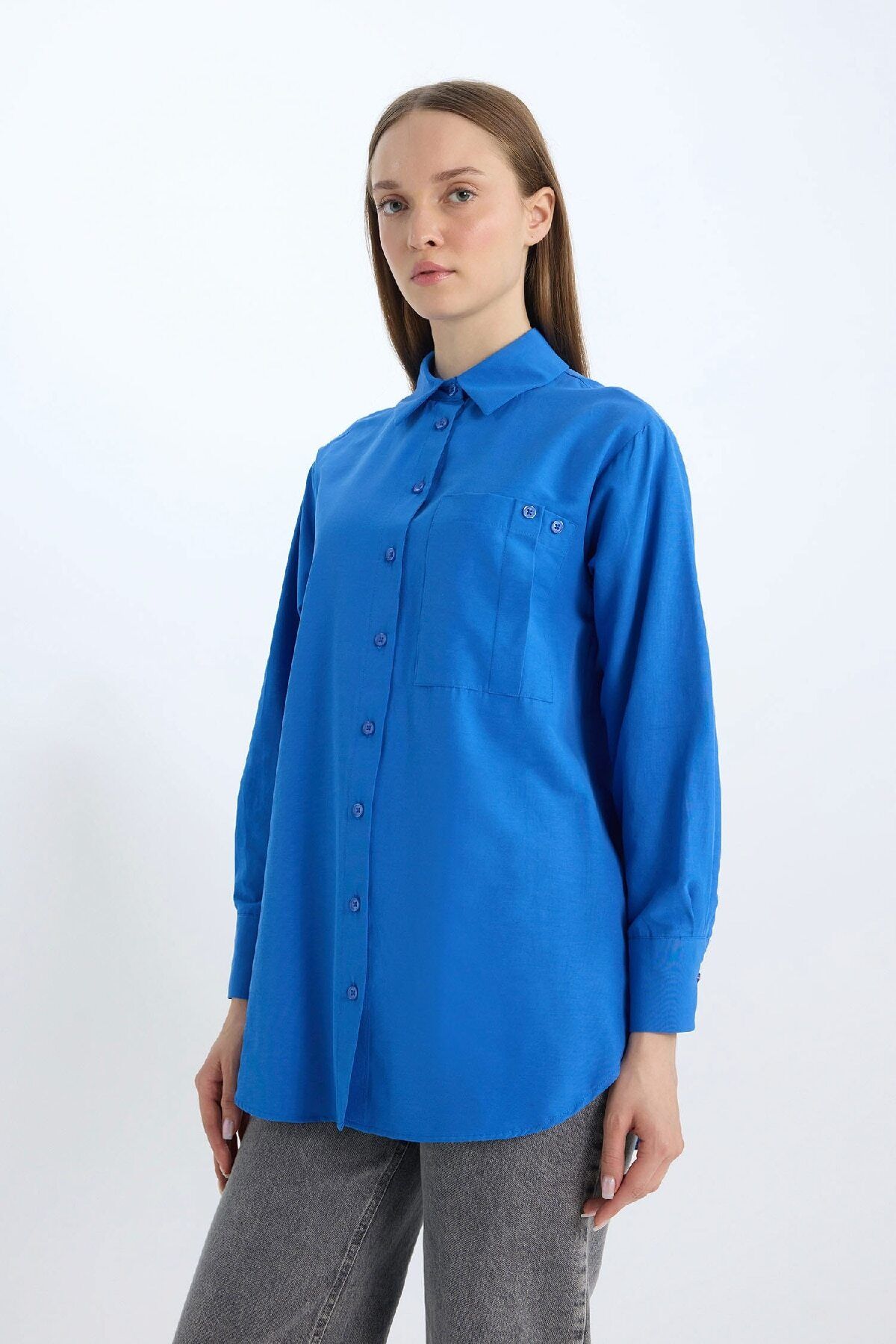 DeFacto-Relax Fit Poplin Basic Solid Long Sleeve Shirt Tunic D7342Ax25Sp 3