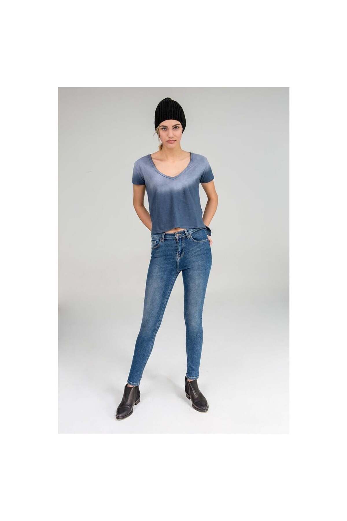 FASHIONLINE Tanya X Yüksek Bel Dar Paça Jean  MAVİ