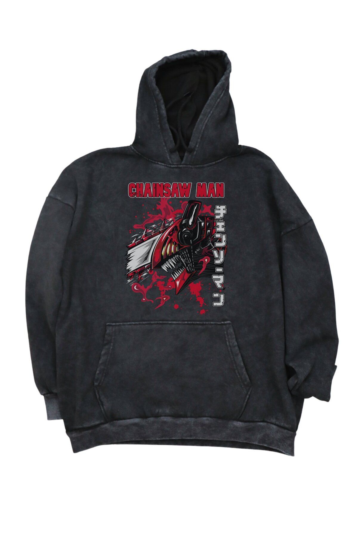 Fuddy Moda Oversize Chainsaw Man Yazılı Kapüşonlu Yıkamalı Sweatshirt, Unisex Anime Baskılı Vintage Hoodie