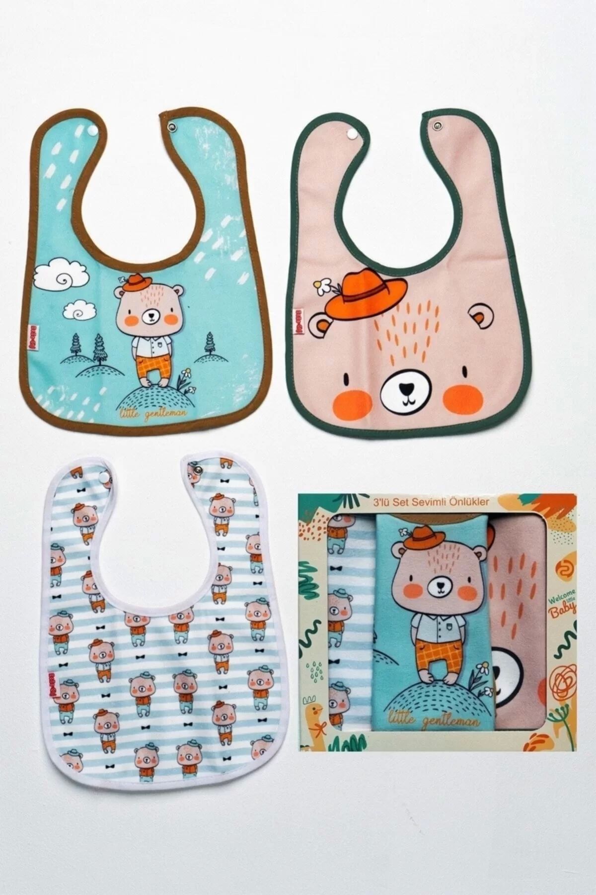 mtm My The Mall Bear Temalı Kare 3 Parça Microfiber Mama Önlüğü Kendi Kutusunda (su Geçirmez) Çıtçıtlı