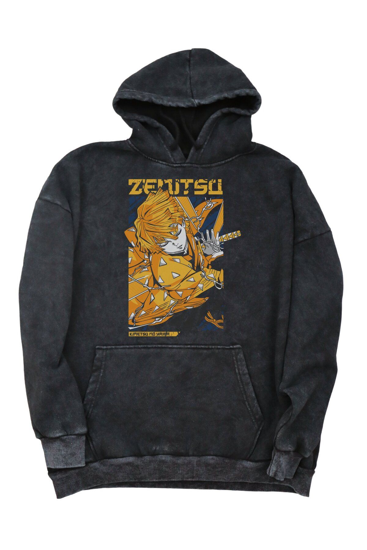 Fuddy Moda Oversize Zenitsu Agatsuma Baskılı Kapüşonlu Yıkamalı Sweatshirt, Unisex Demon Slayer Anime Hoodie