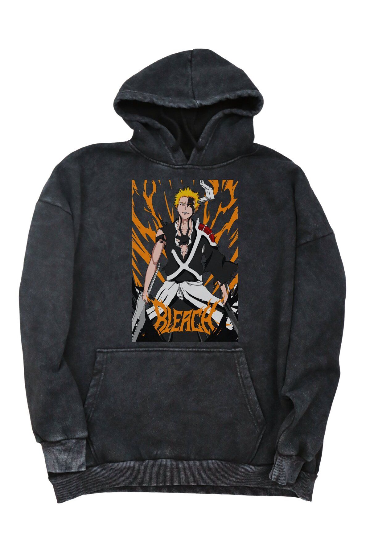 Fuddy Moda Oversize Ichigo Kurosaki Bankai Baskılı Kapüşonlu Yıkamalı Sweatshirt, Unisex Bleach Anime Hoodie