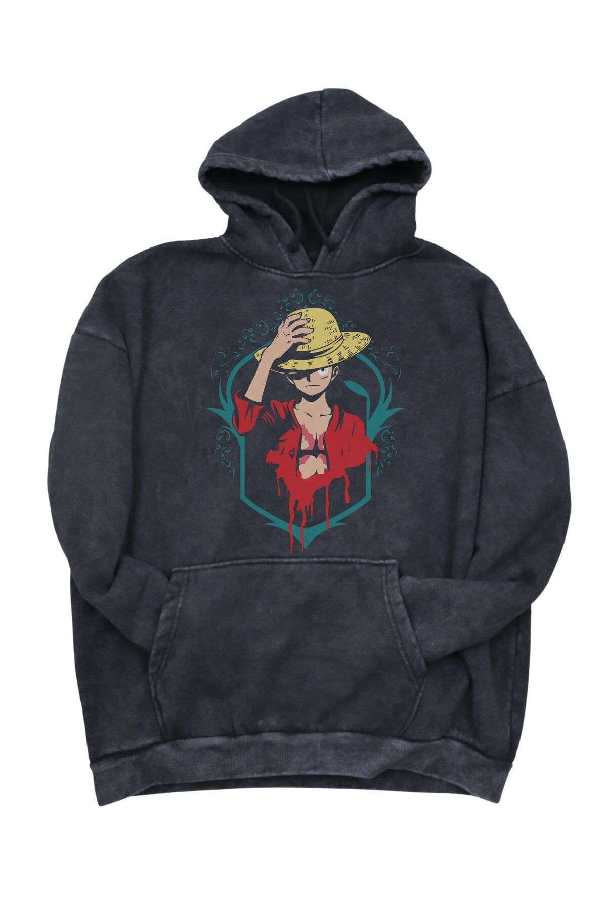 Fuddy Moda Oversize One Piece Luffy Baskılı Kapüşonlu Yıkamalı Sweatshirt, Unisex Anime Temalı Vintage Hoodie