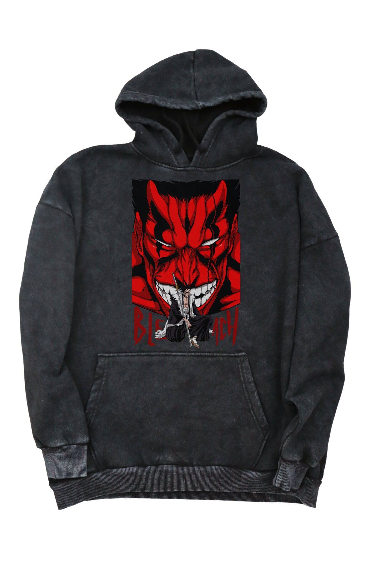 Fuddy Moda Oversize Zaraki Kenpachi Baskılı Kapüşonlu Yıkamalı Sweatshirt, Unisex Bleach Anime Temalı Hoodie