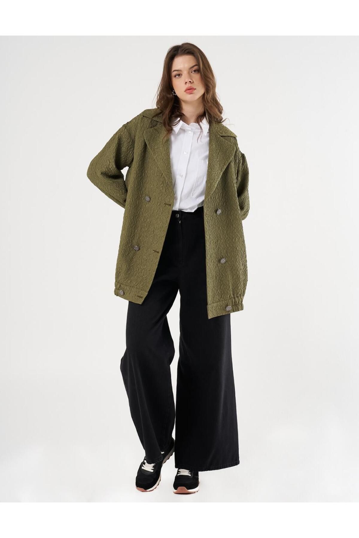 Kayra-Khaki Double Breasted Wafer Jacket 2