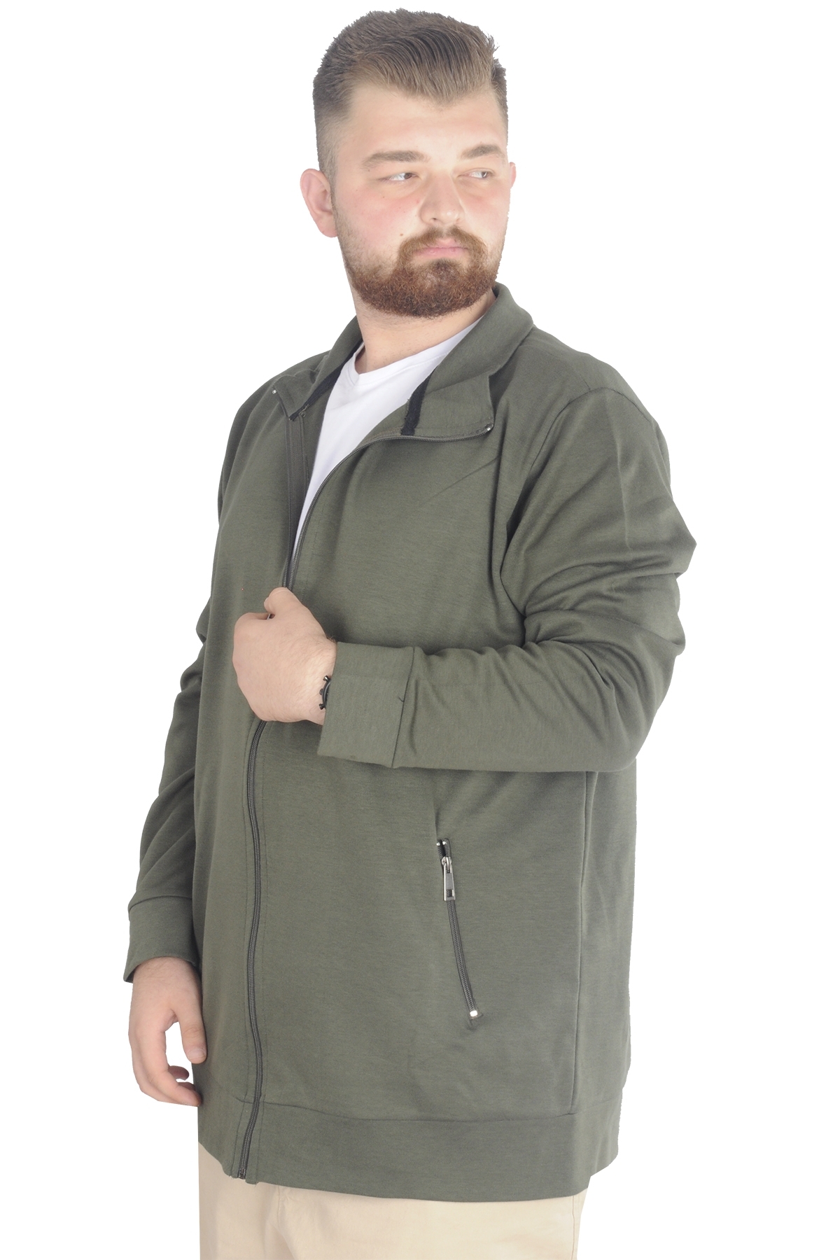 ModeXL Mode XL Buyuk Beden Erkek Hırka Fermuarlı Stell Dik Yaka 20571 Haki görsel 2