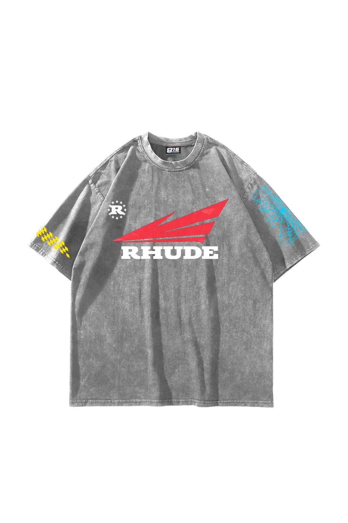 Bak Moda Rhude Baskılı Oversize Unisex Yıkamalı Beyaz Tshirt