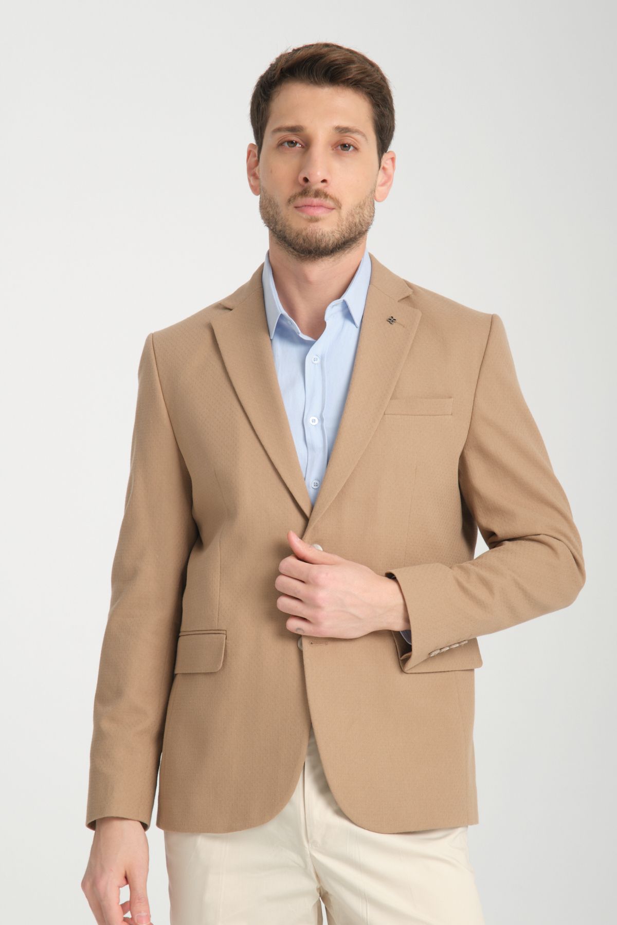 Frappoli Cafizo Erkek Vizon Slim Fit Dar Kesim Desenli Yarım Astar  Blazer Ceket