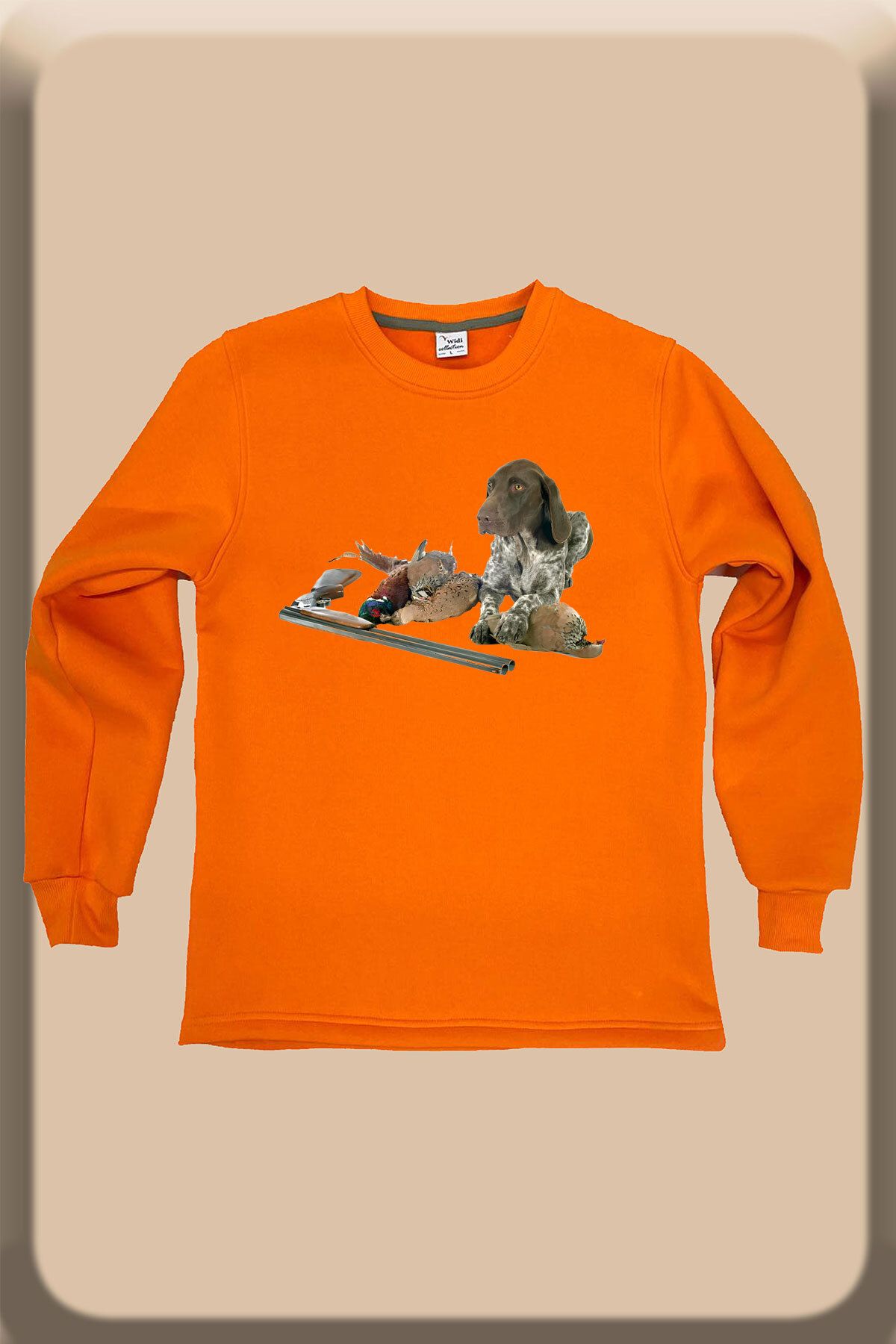 WİDİ Avcılık Hunter Kurzhaar Av Köpeği ve Keklik Baskılı Regular Fit %100 Pamuk Bisiklet Yaka Sweatshirt