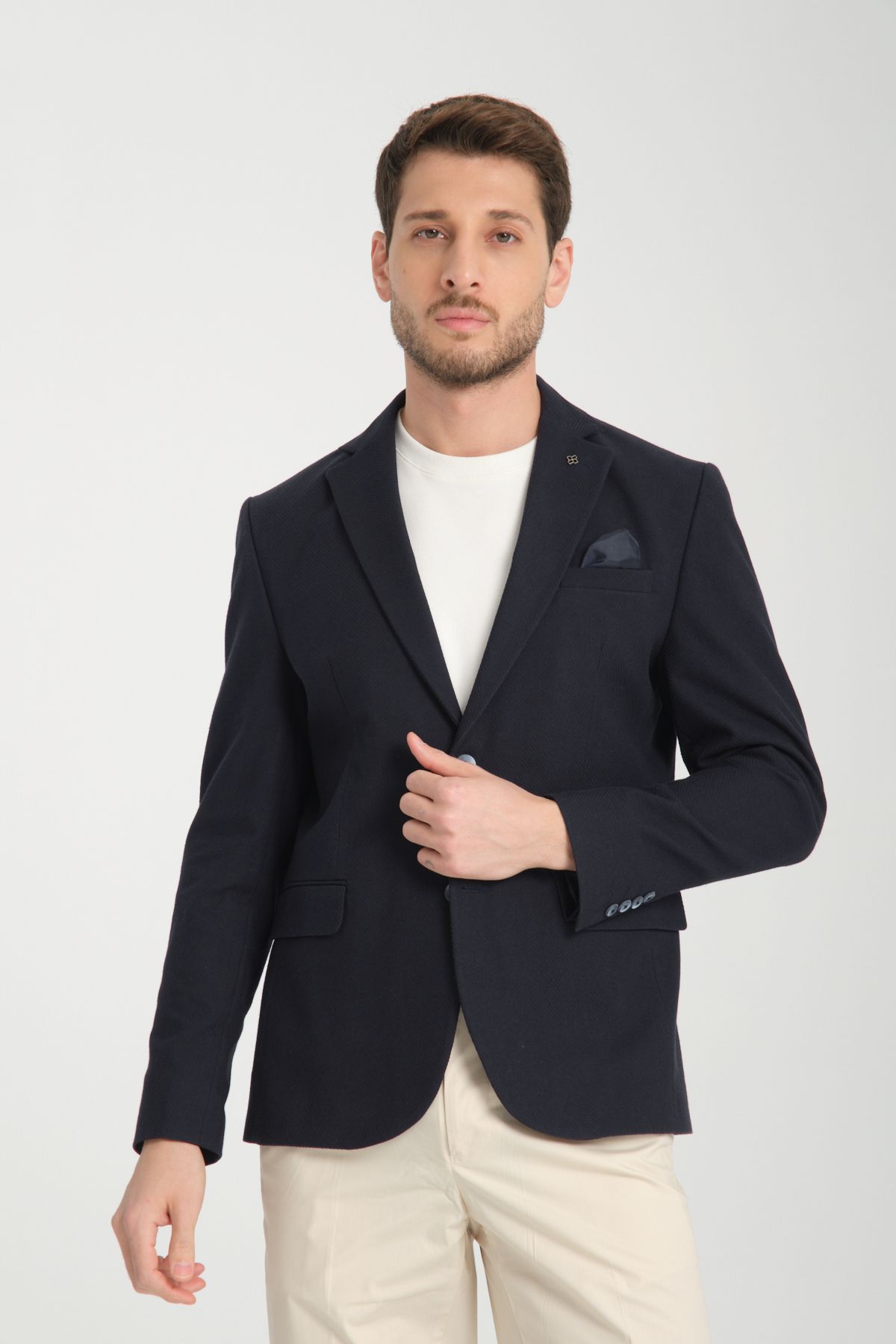 Frappoli Cazino Erkek Lacivert Slim Fit Dar Kesim Desenli Yarım Astar Mevsimlik Blazer Ceket