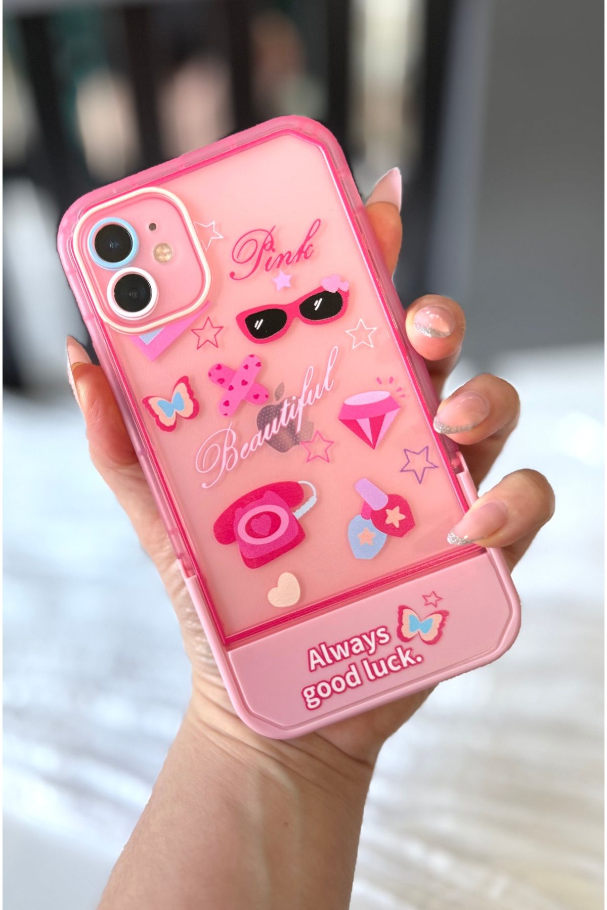 MirazTasarim IPHONE 11 PEMBE RENK STAND OLABİLEN KOKO DESENLİ KILIF