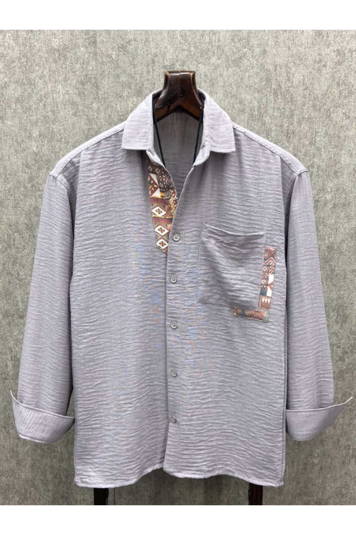 FıttingRoom-Oversize Bohemian Agartha Gray Cotton Linen Shirt 1