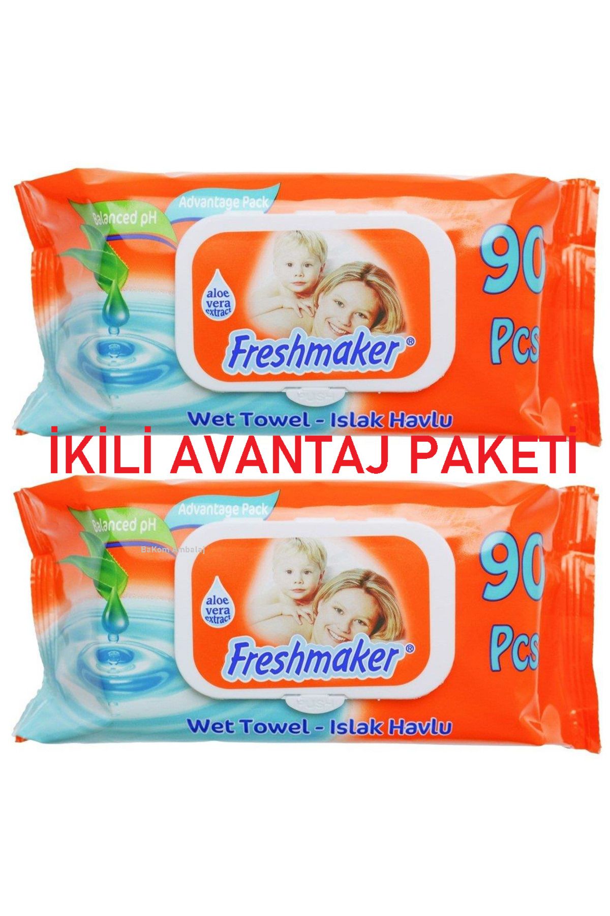 BAKOM AMBALAJ FRESHMAKER KAPAKLI ALOEVERALI ISLAK HAVLU 90 ADET X 2 PAKET (180 ADET)